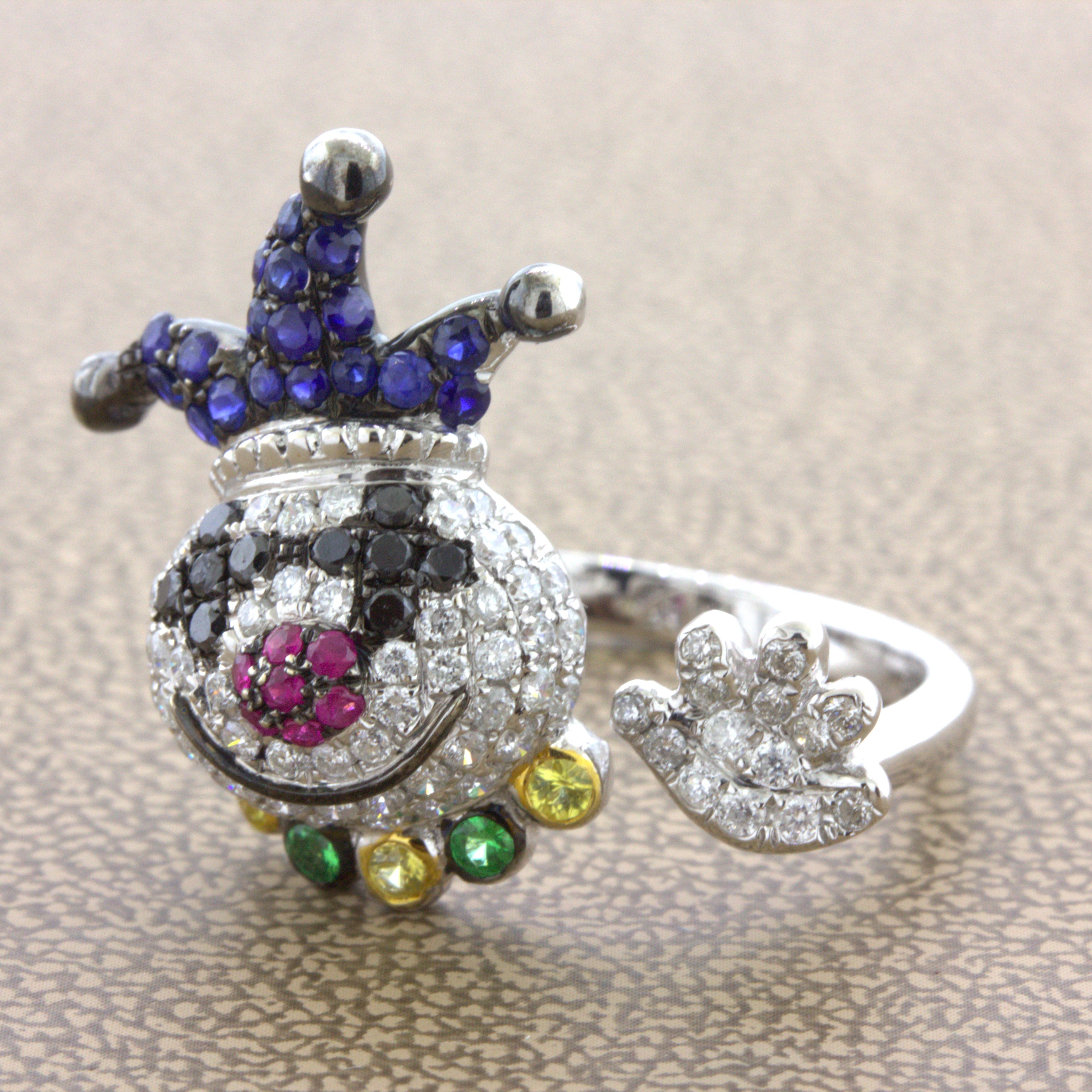 Diamond Sapphire Ruby 18K White Gold Clown Ring