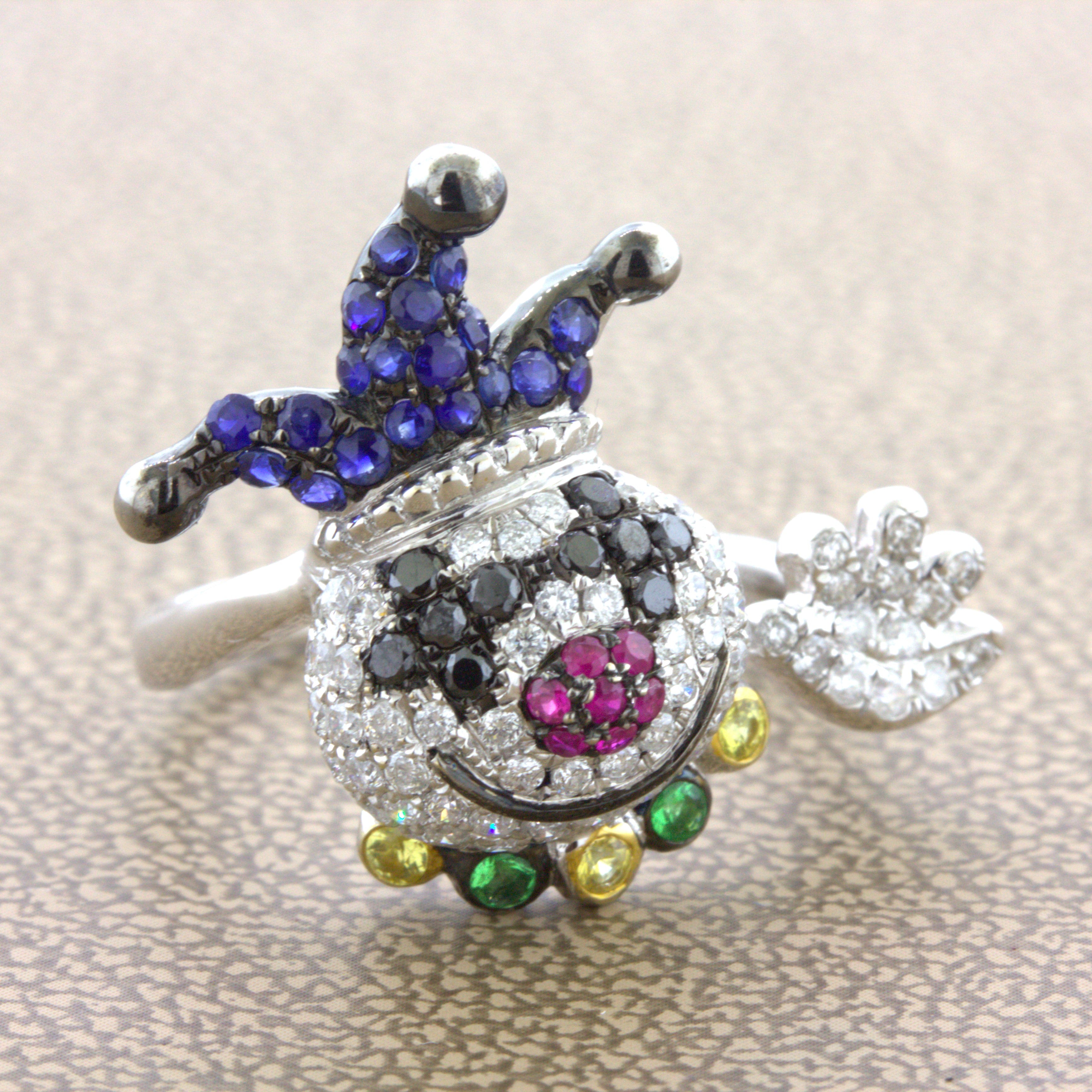 Diamond Sapphire Ruby 18K White Gold Clown Ring