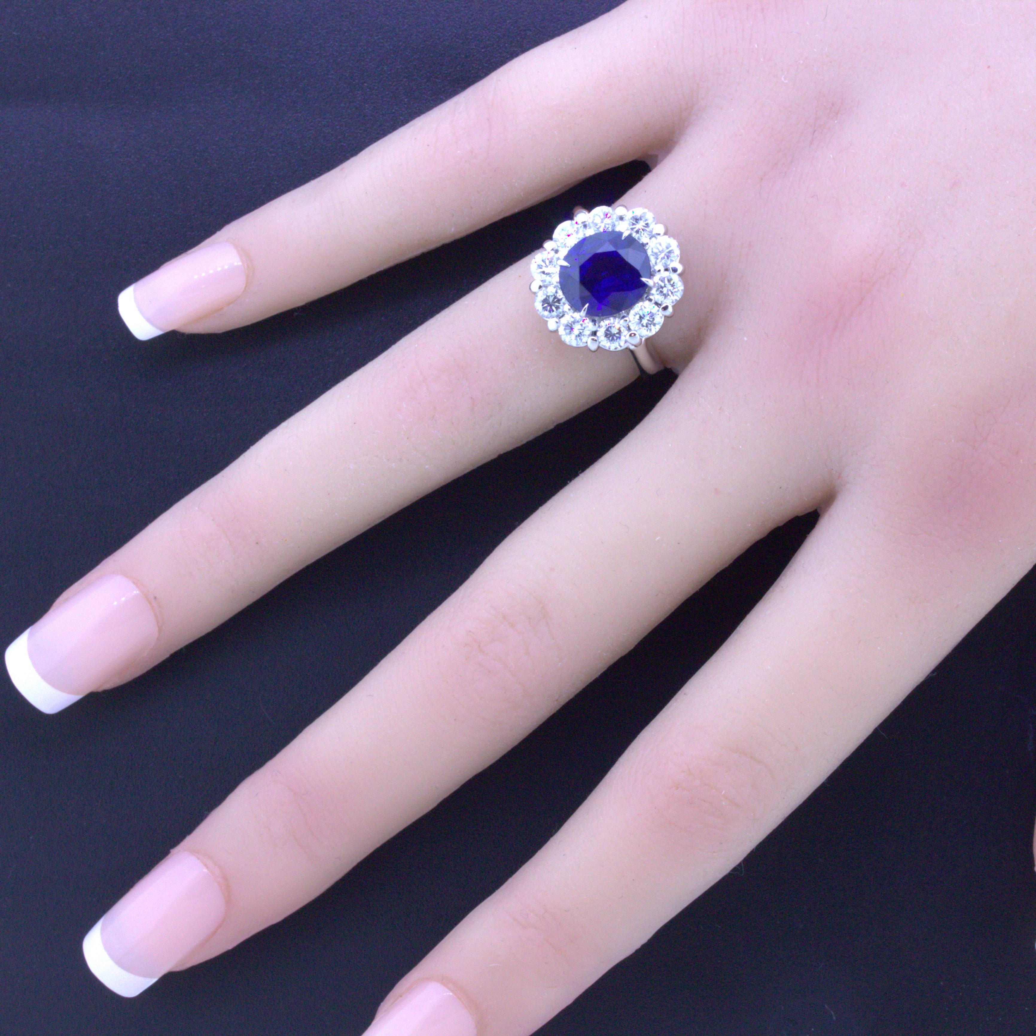 3.90 Carat Blue Sapphire Diamond Halo Platinum Ring, GIA Certified