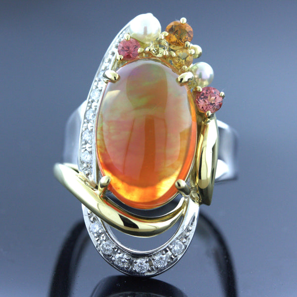 Mexican Fire Opal Diamond Gemstone Platinum Ring