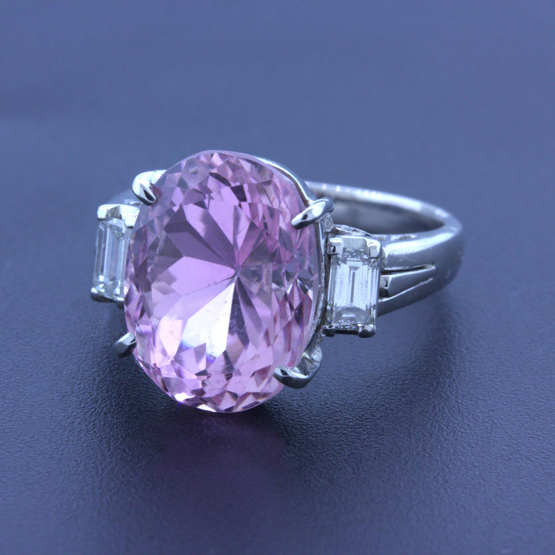 9.70 Carat Kunzite Diamond 3-Stone Platinum Ring