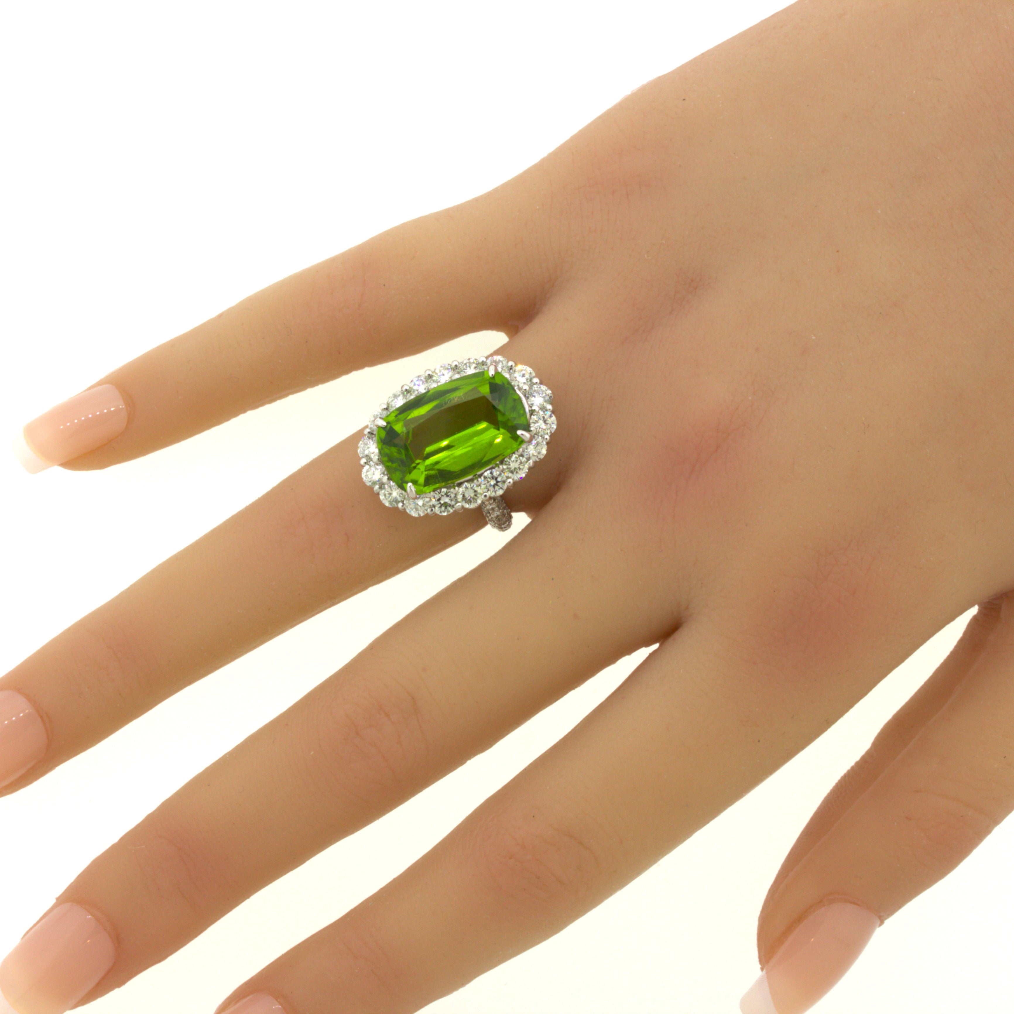 11.52 Carat Peridot Diamond Halo Platinum Ring