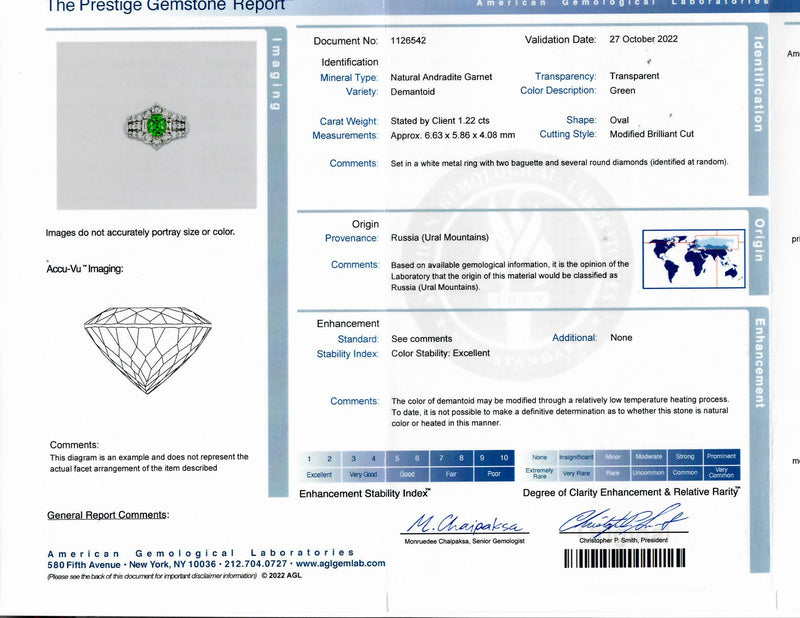 1.22 Carat Russian Demantoid Garnet Diamond Platinum Ring, AGL Certifi ...