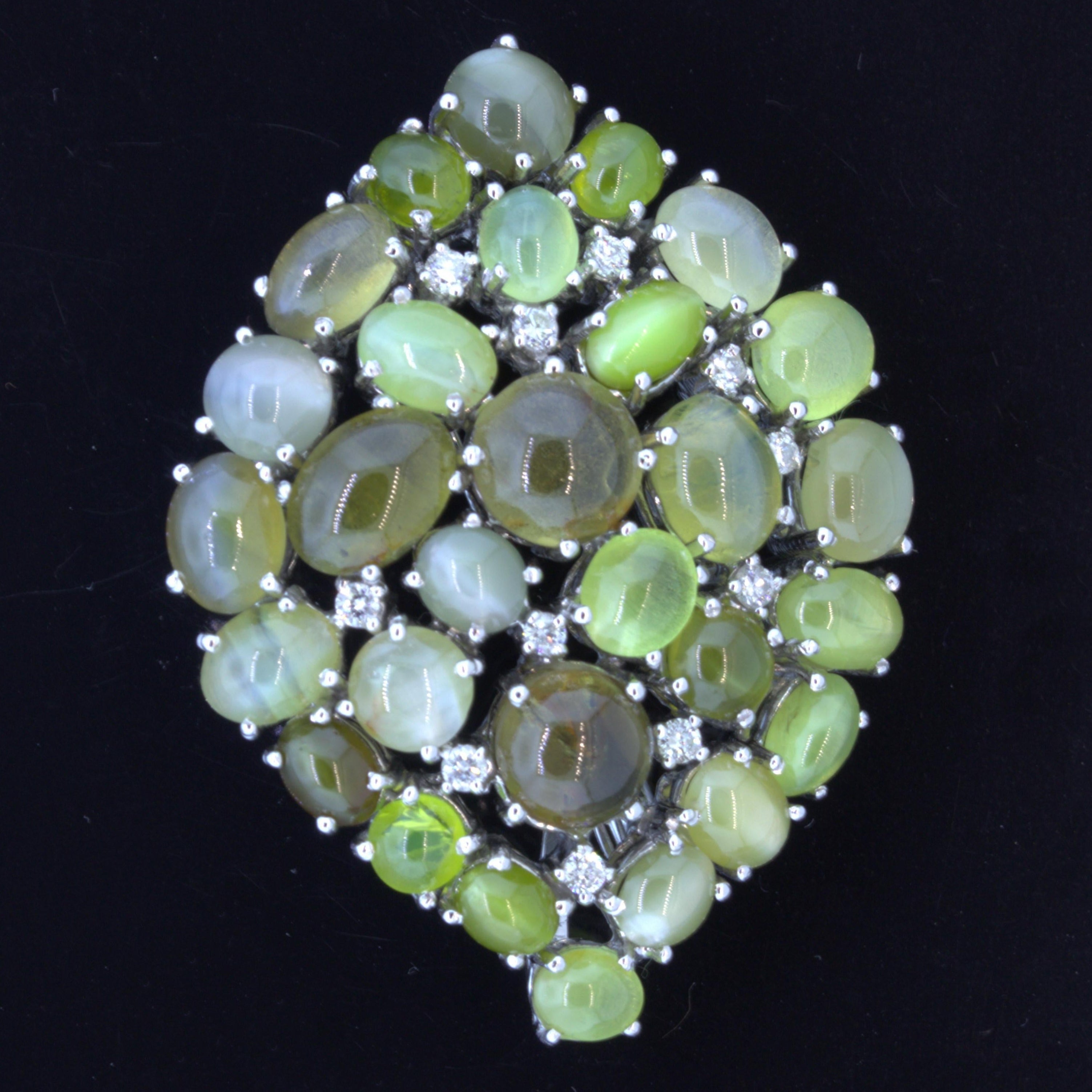 Cats Eye Chrysoberyl Diamond 18k White Gold Brooch-Pendant