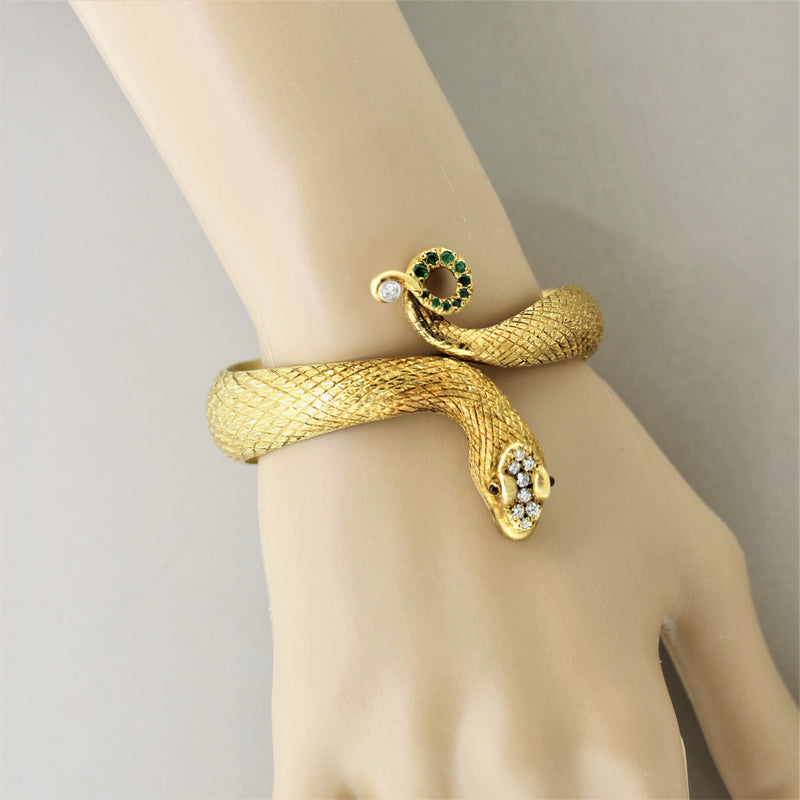 Cellino Diamond Gemstone Gold Snake Bangle Bracelet