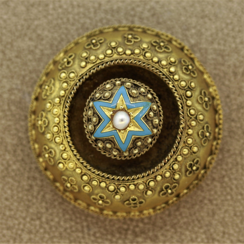 Victorian Pearl Enamel Gold Brooch