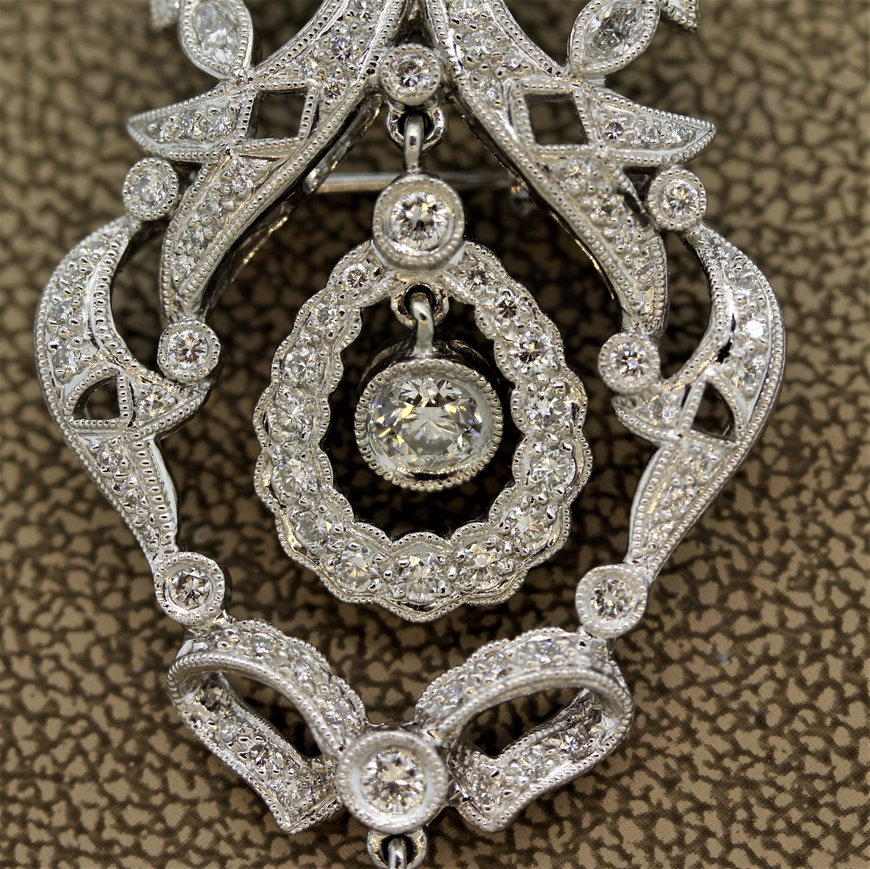 Mid-Century Diamond Platinum Dangle Drop Pendant-Brooch