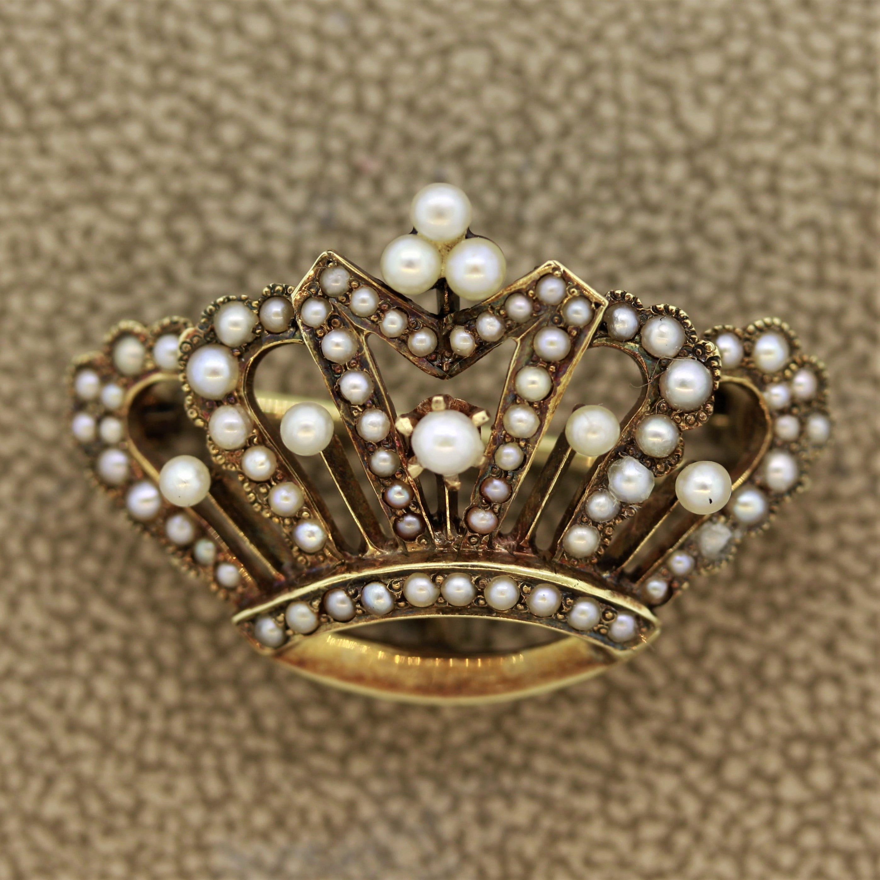 Antique Seed-Pearl Gold Crown Brooch-Pendant