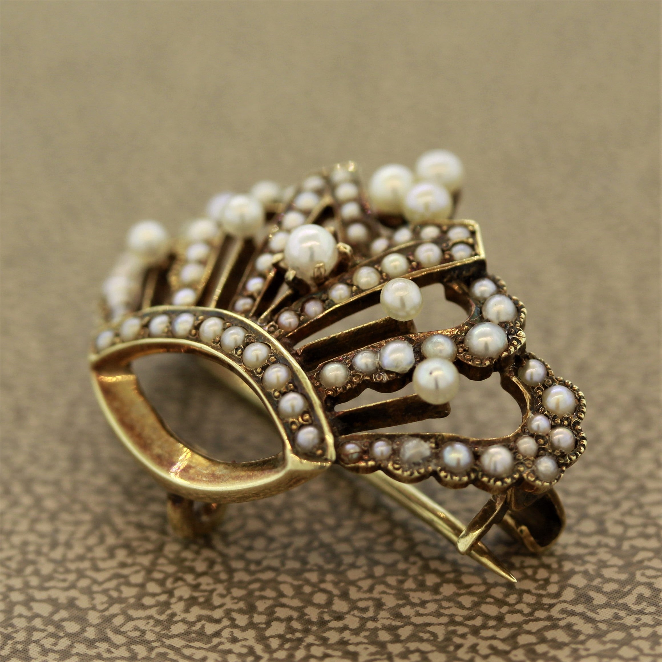 Antique Seed-Pearl Gold Crown Brooch-Pendant