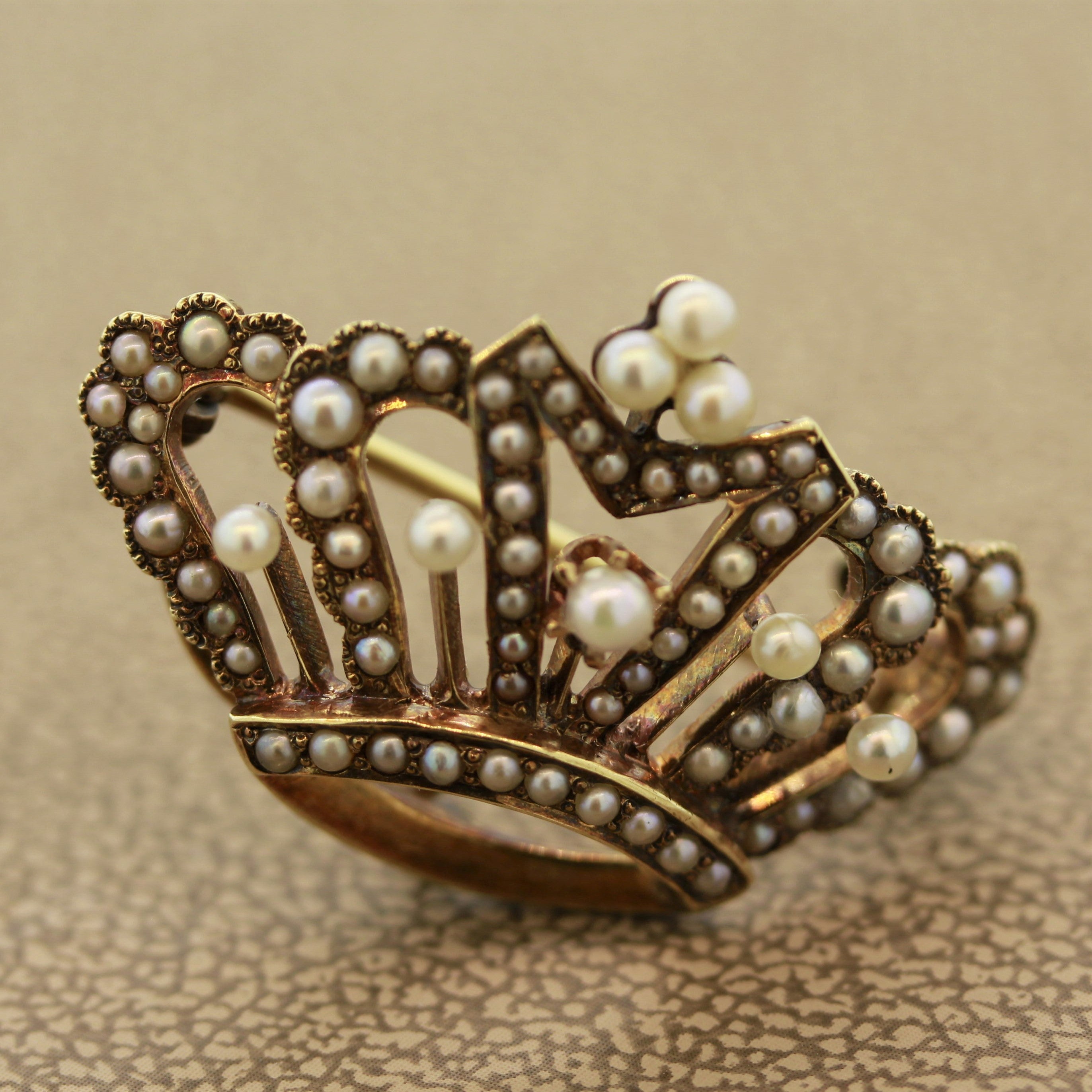 Antique Seed-Pearl Gold Crown Brooch-Pendant