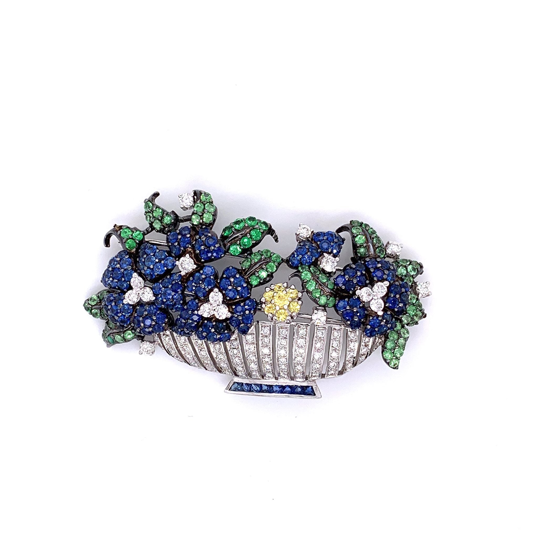 Diamond Tsavorite Sapphire Gold Floral Brooch