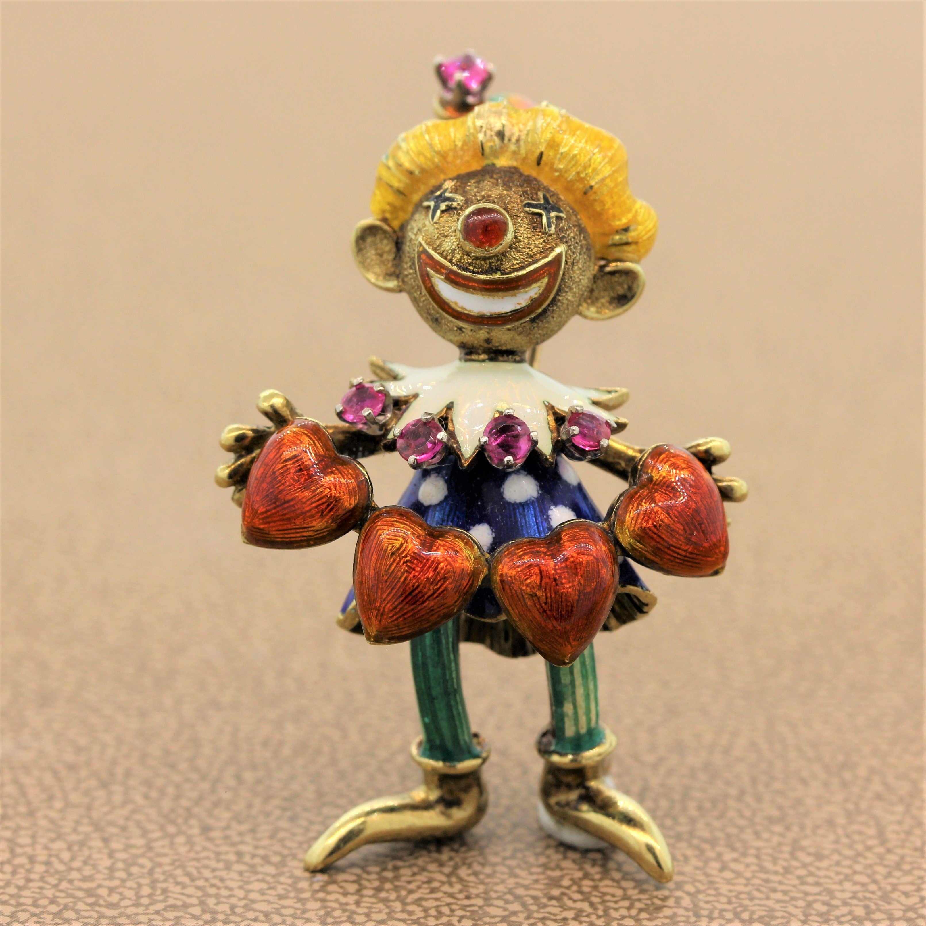 Ruby Enamel Gold Jester Brooch