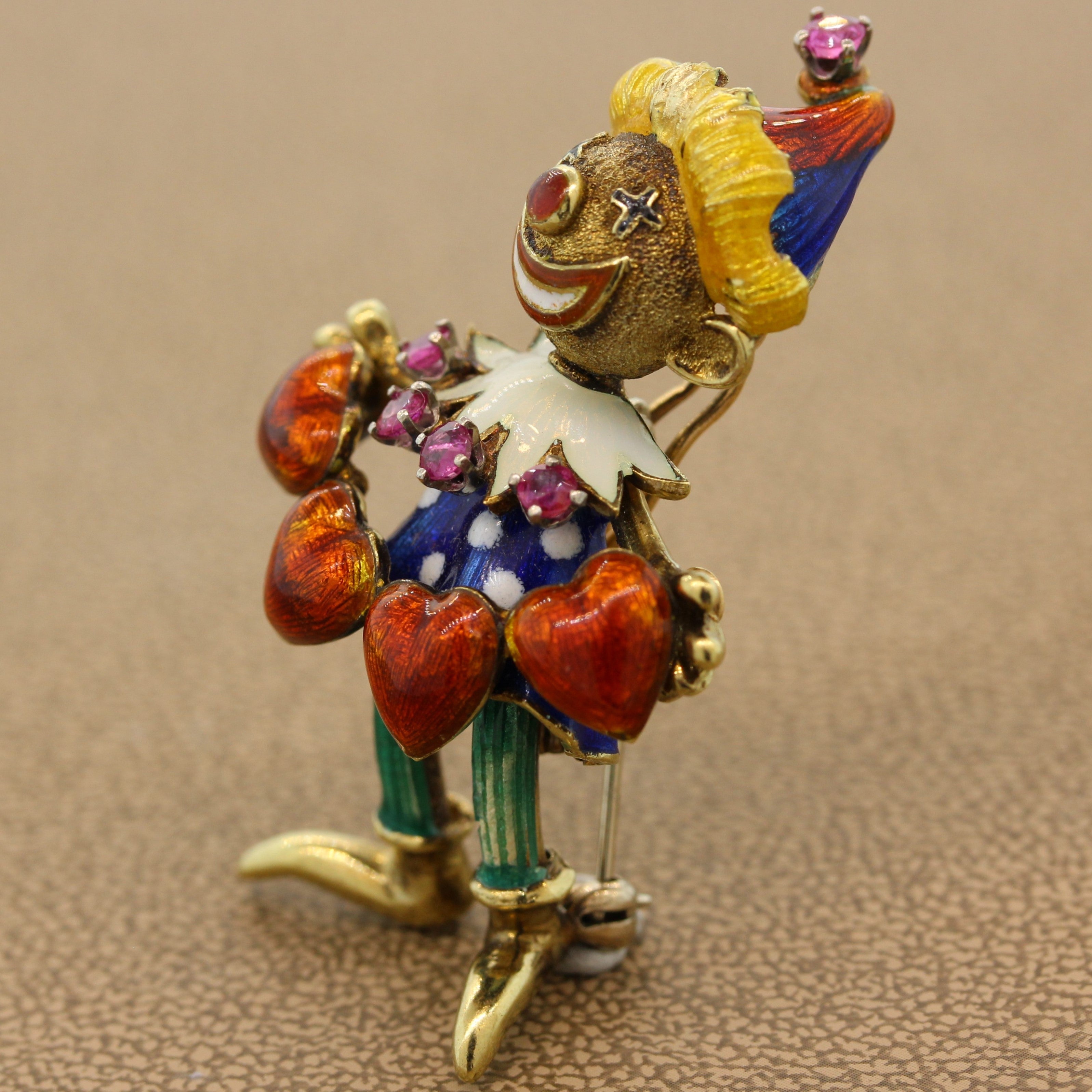 Ruby Enamel Gold Jester Brooch