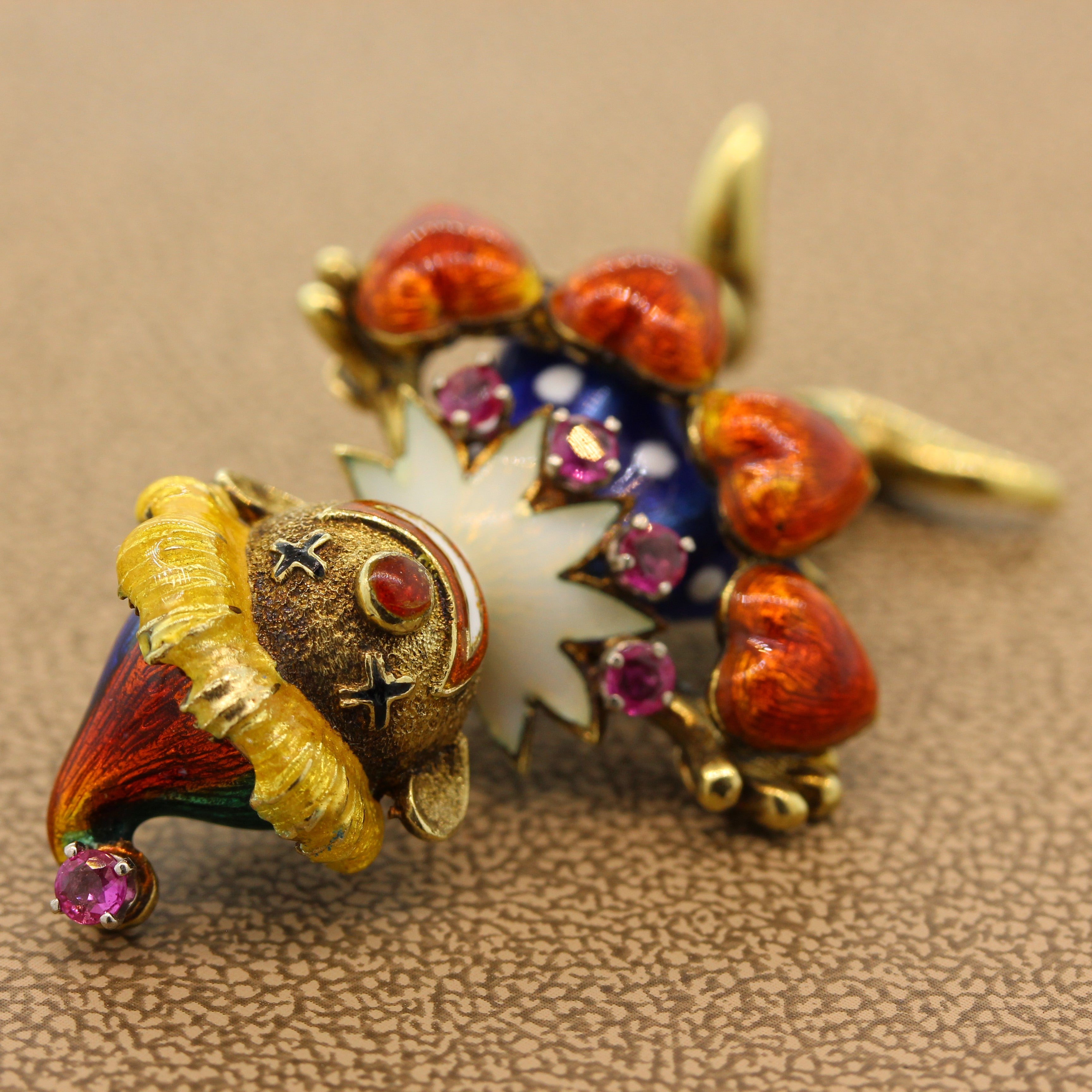 Ruby Enamel Gold Jester Brooch