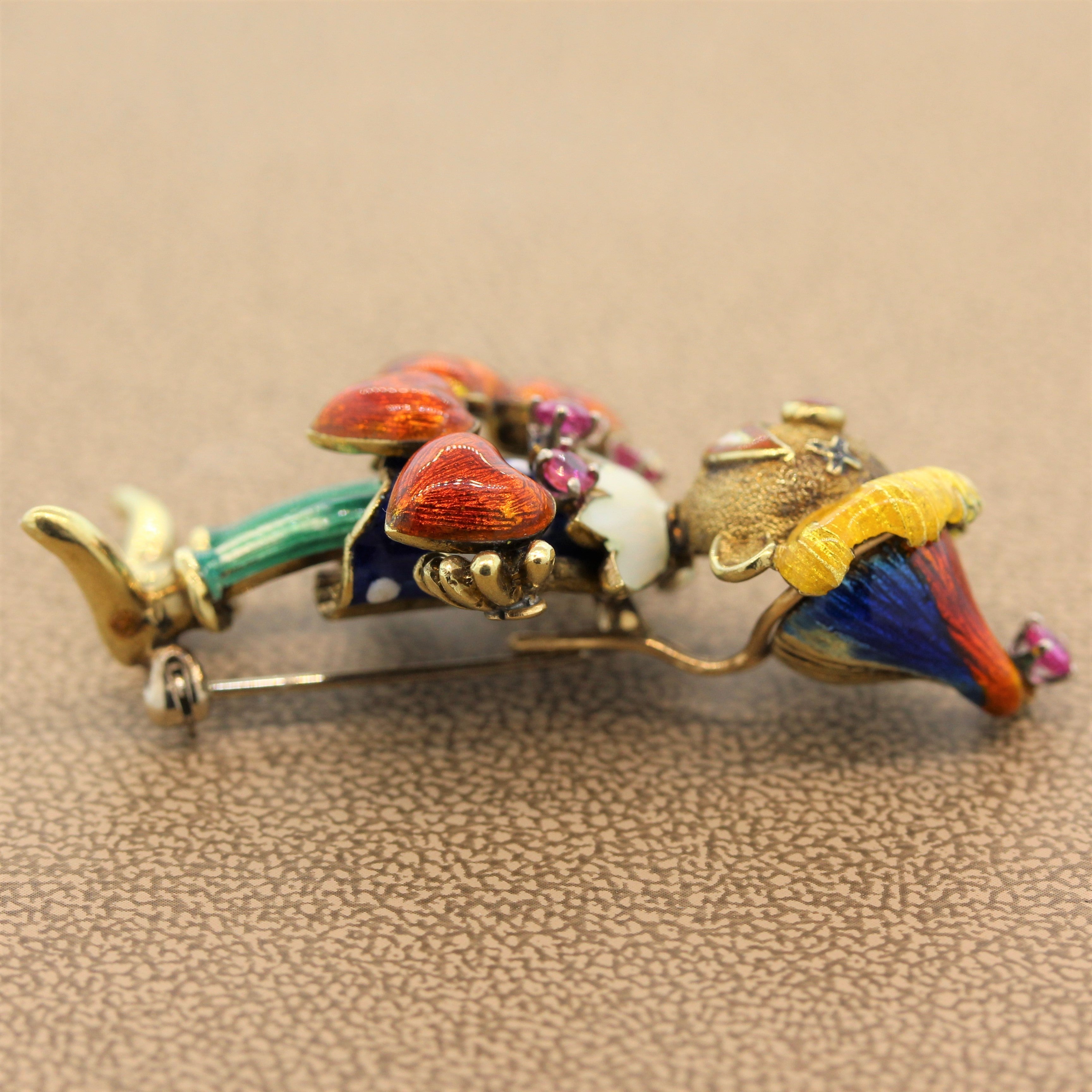 Ruby Enamel Gold Jester Brooch