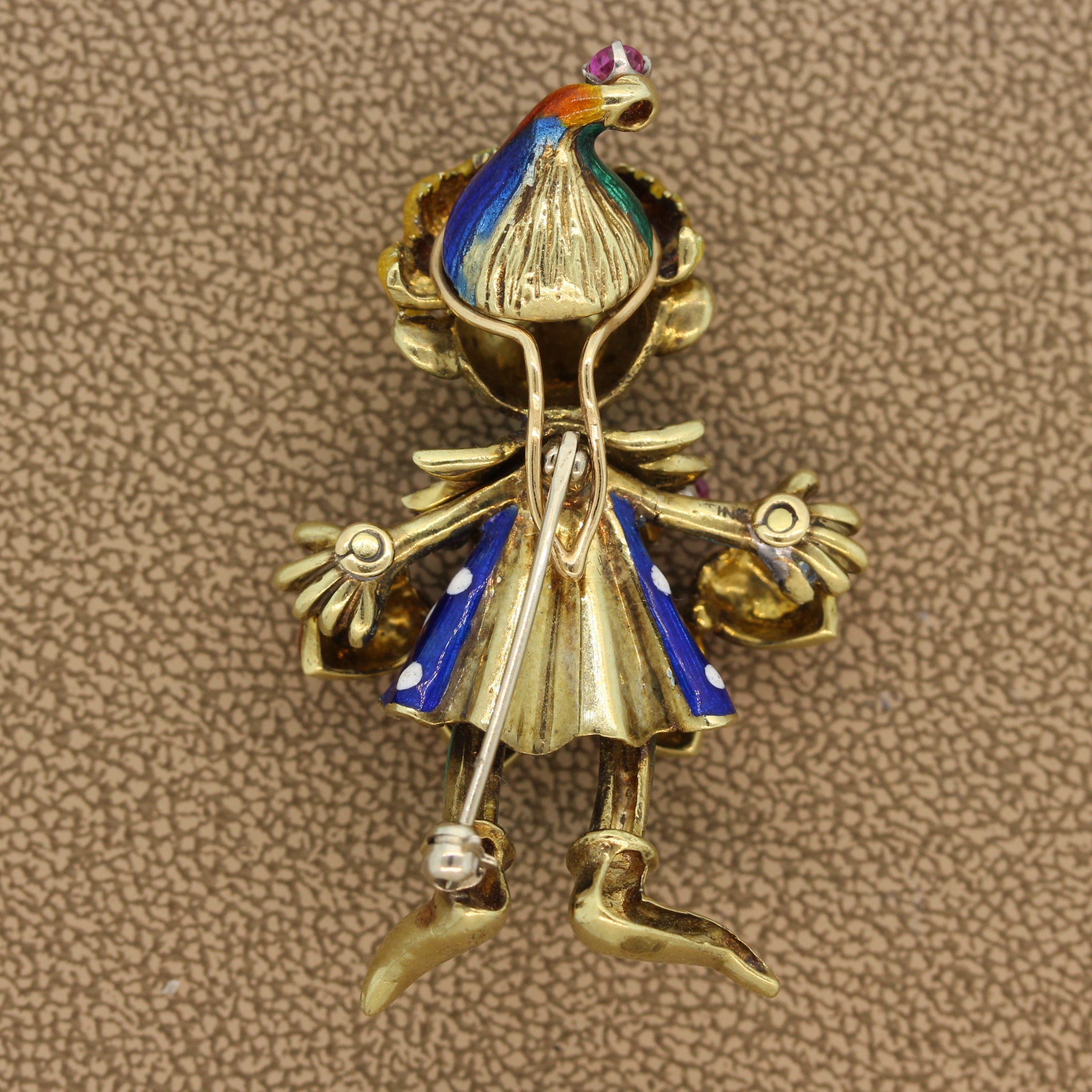 Ruby Enamel Gold Jester Brooch