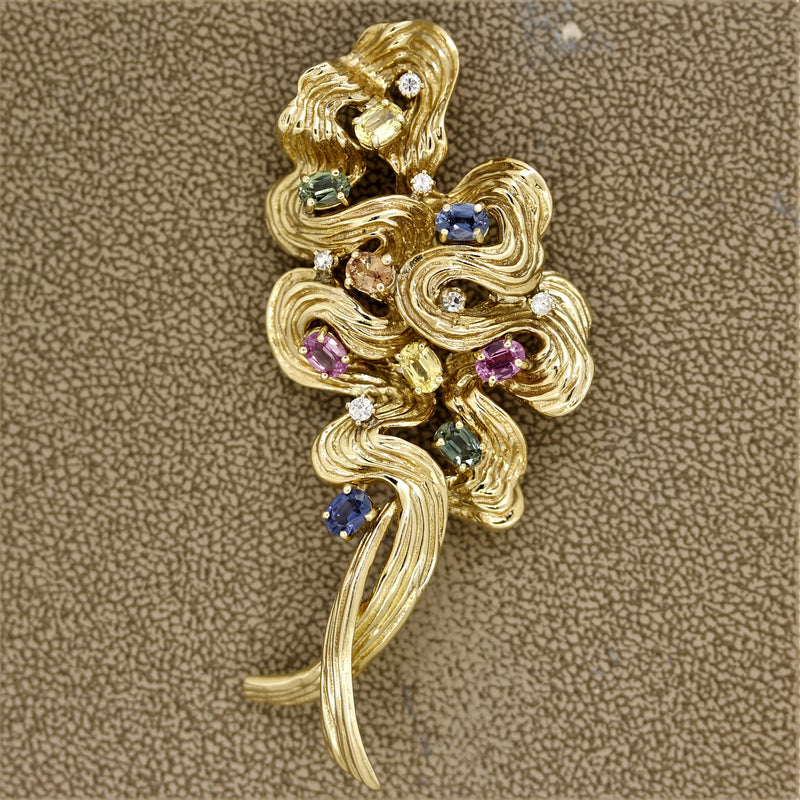 Multi-Color Sapphire Diamond Gold Swirl Brooch