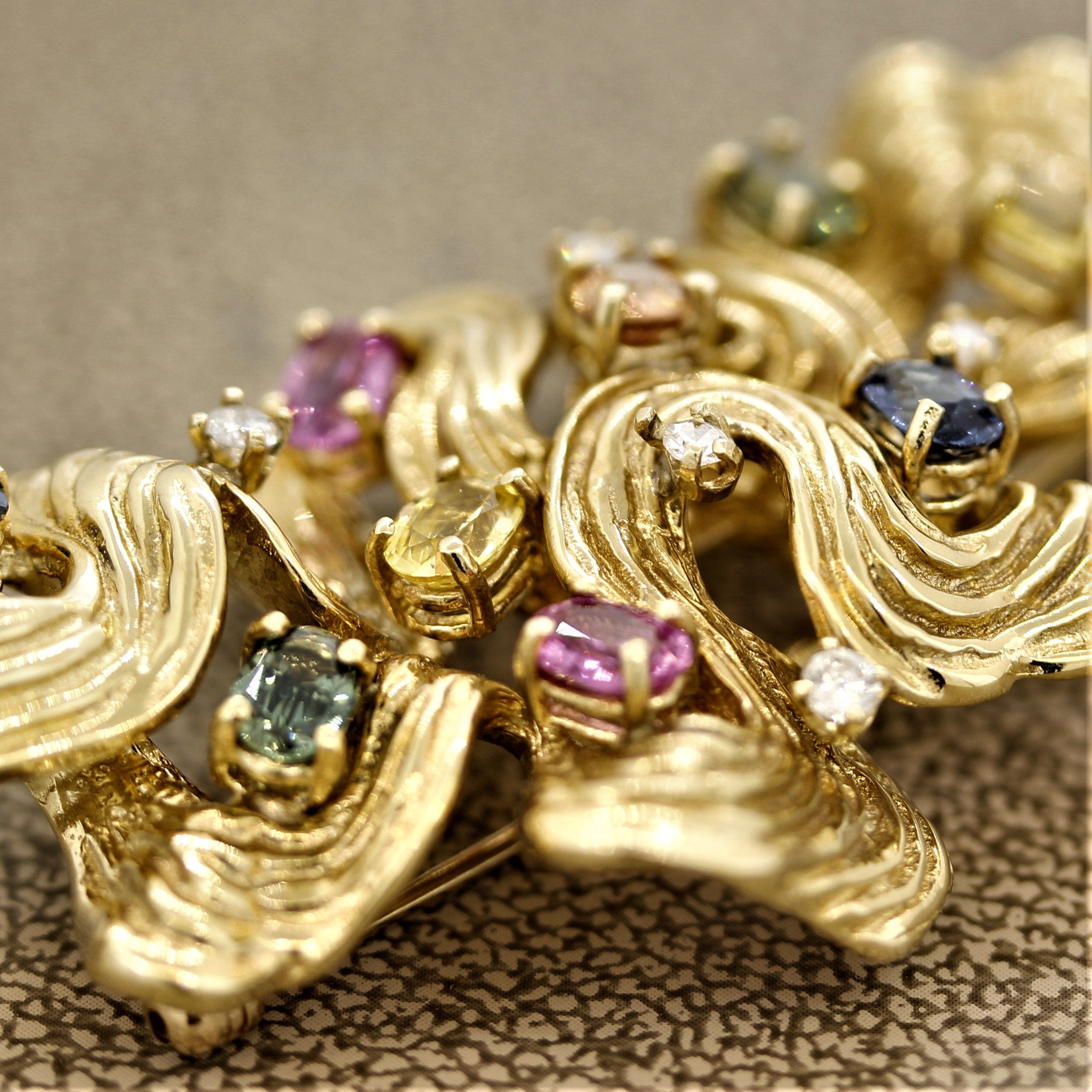 Multi-Color Sapphire Diamond Gold Swirl Brooch