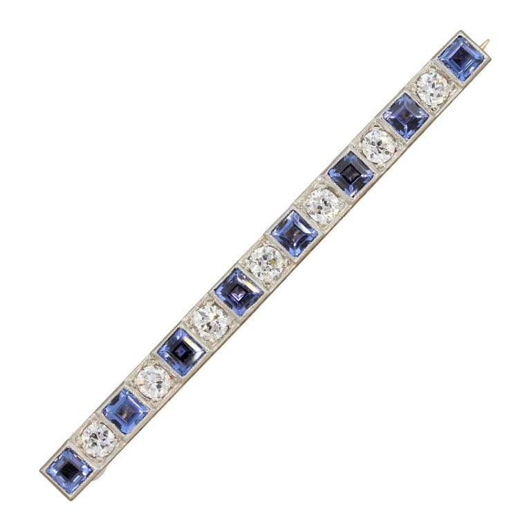 Art Deco Sapphire Diamond Platinum Gold Bar-Pin Brooch