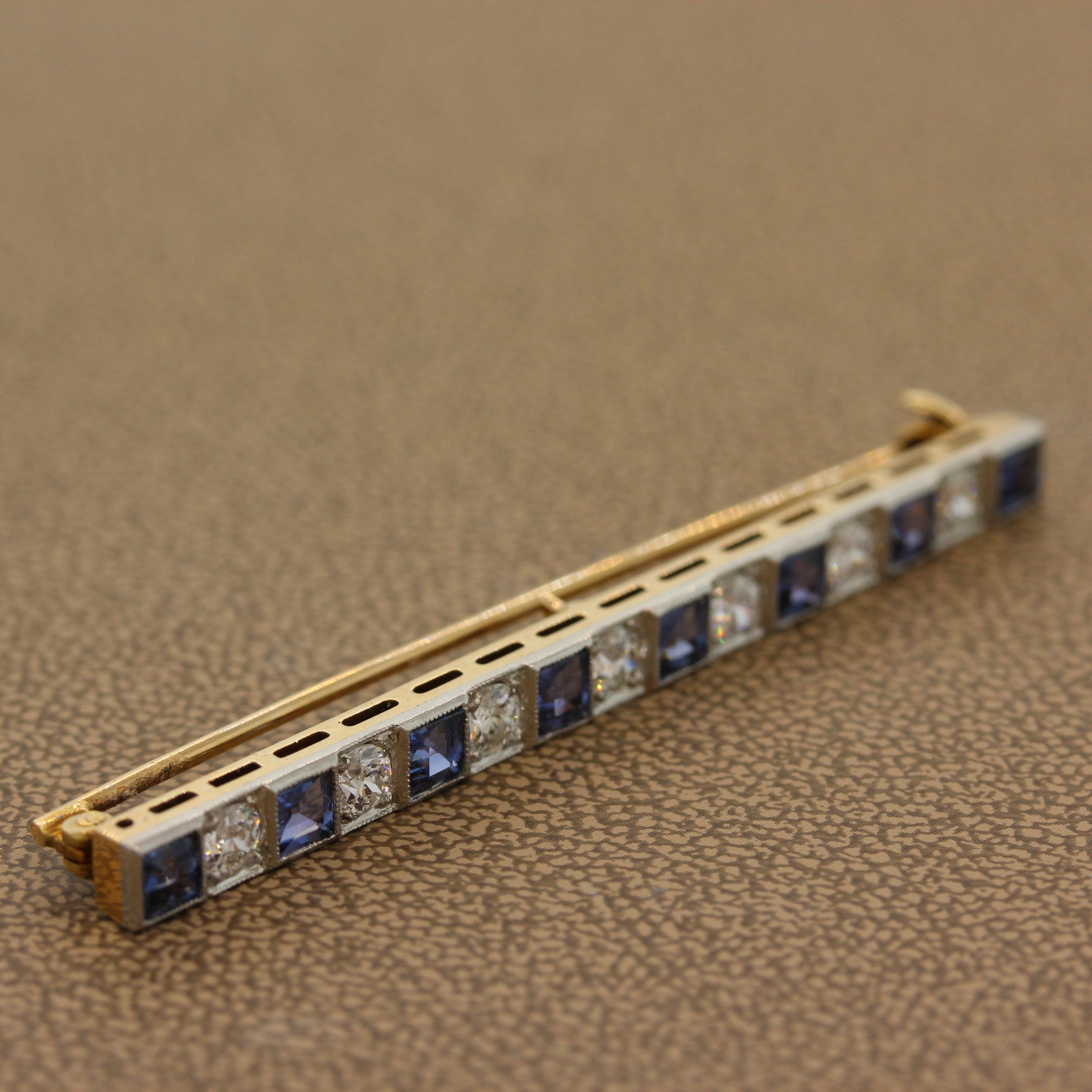 Art Deco Sapphire Diamond Platinum Gold Bar-Pin Brooch