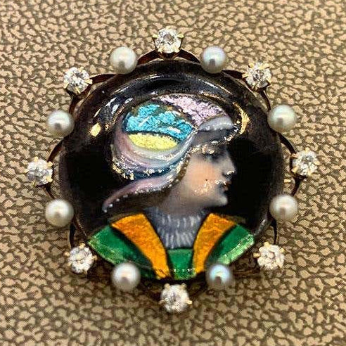 Victorian Porcelain Diamond Seed Pearl Gold Brooch and Pendant