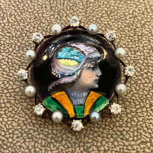 Victorian Porcelain Diamond Seed Pearl Gold Brooch and Pendant