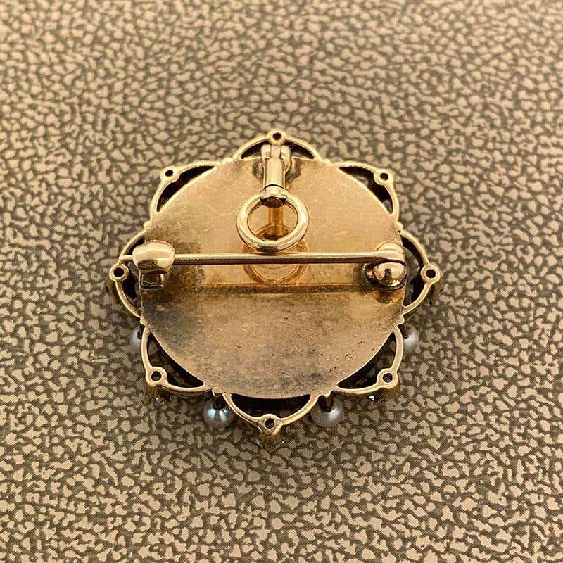 Victorian Porcelain Diamond Seed Pearl Gold Brooch and Pendant