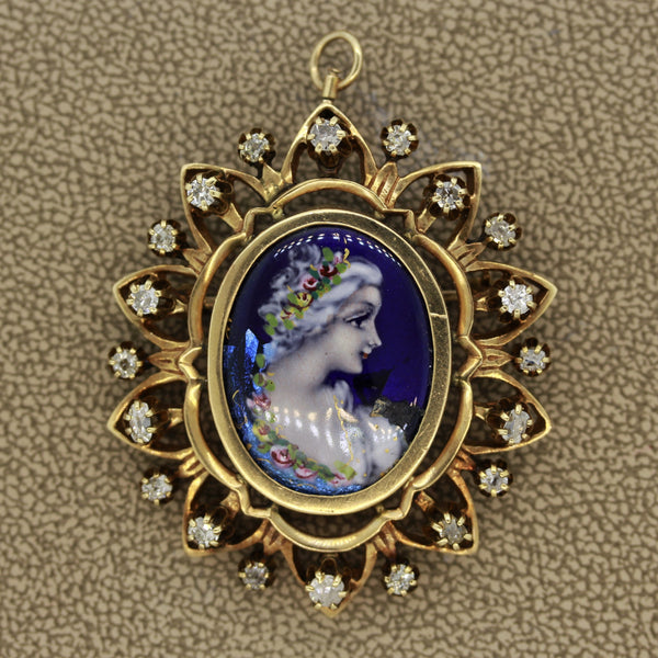 French Victorian Antique Porcelain Diamond Gold Pendant-Brooch