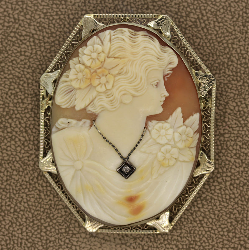 Antique Agate Cameo Diamond Gold Pendant-Brooch