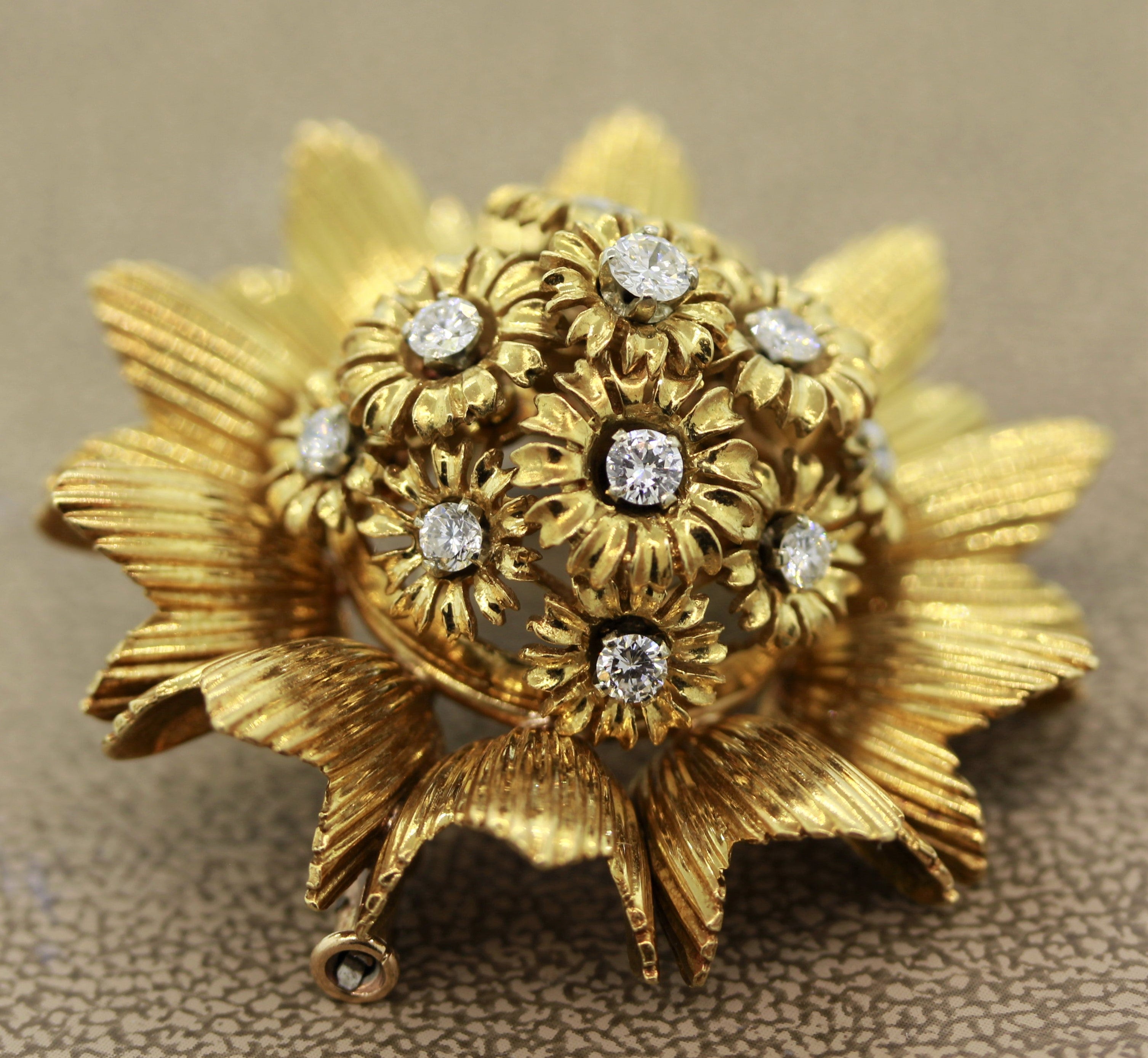 French Diamond Gold Sunflower Brooch