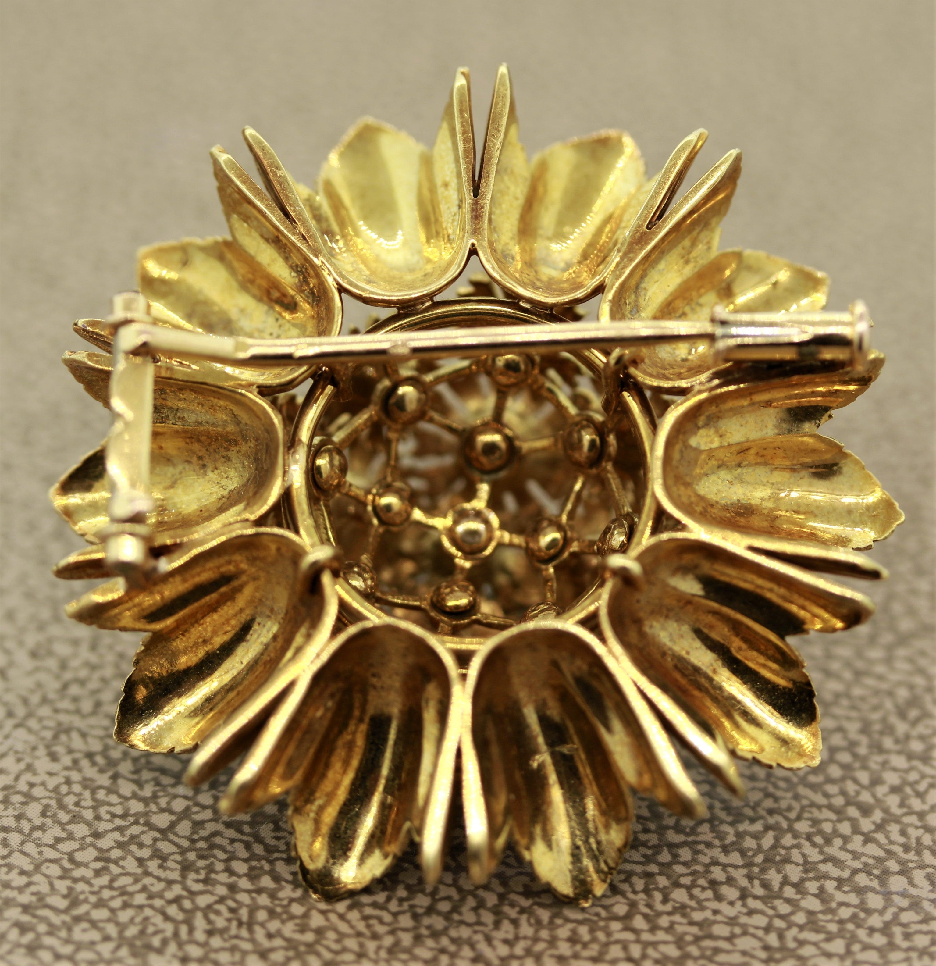 French Diamond Gold Sunflower Brooch