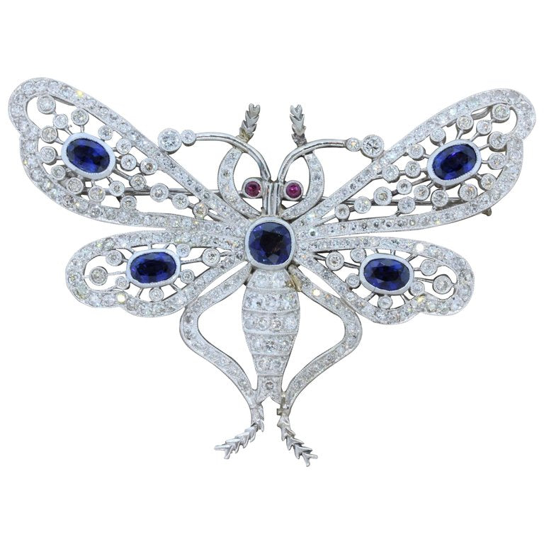 Art Deco Diamond Sapphire Ruby Platinum Butterfly Brooch