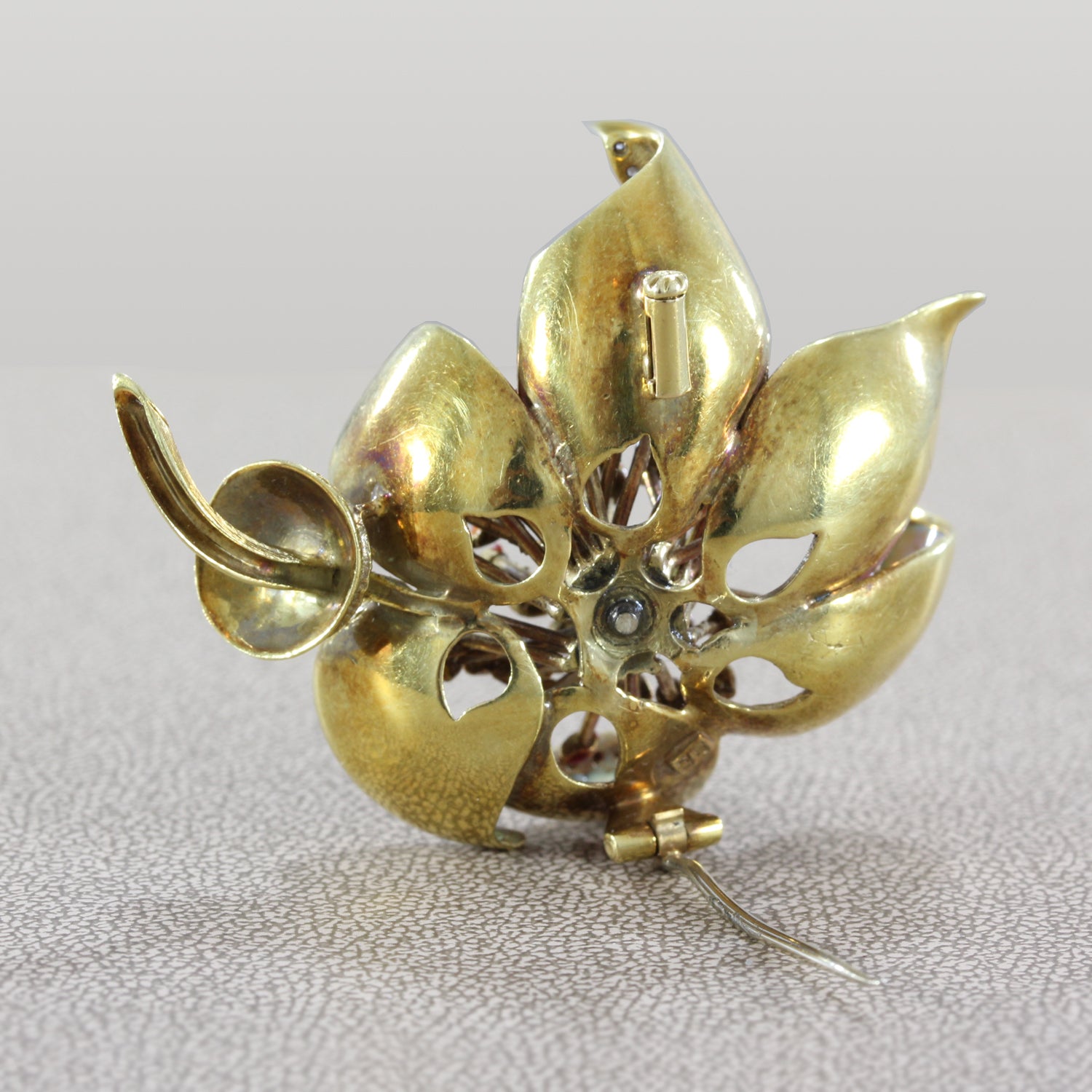 Italian Enamel Diamond Gold Flower Brooch