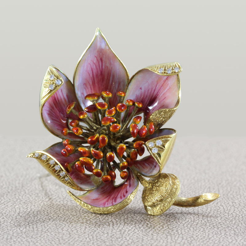 Italian Enamel Diamond Gold Flower Brooch