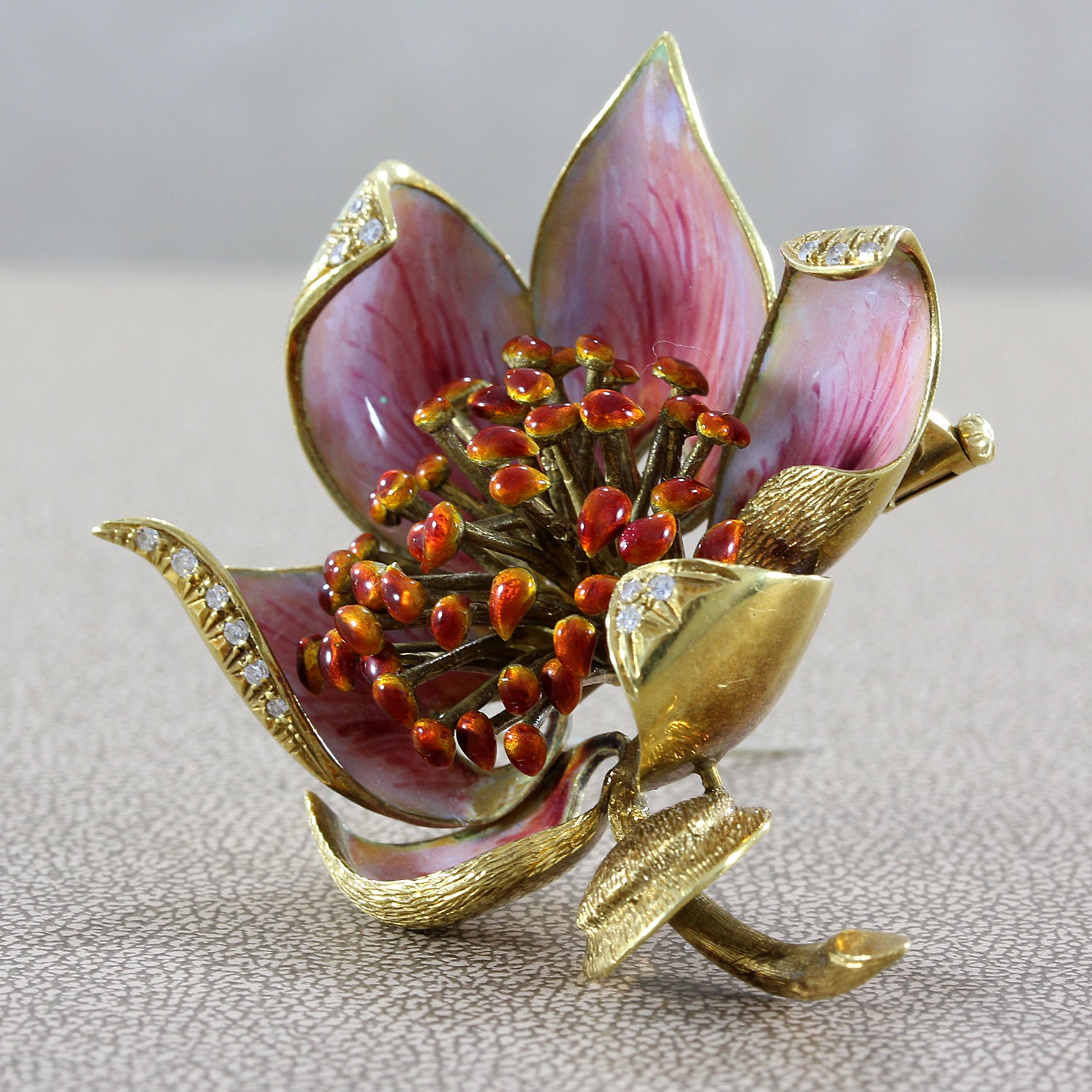 Italian Enamel Diamond Gold Flower Brooch