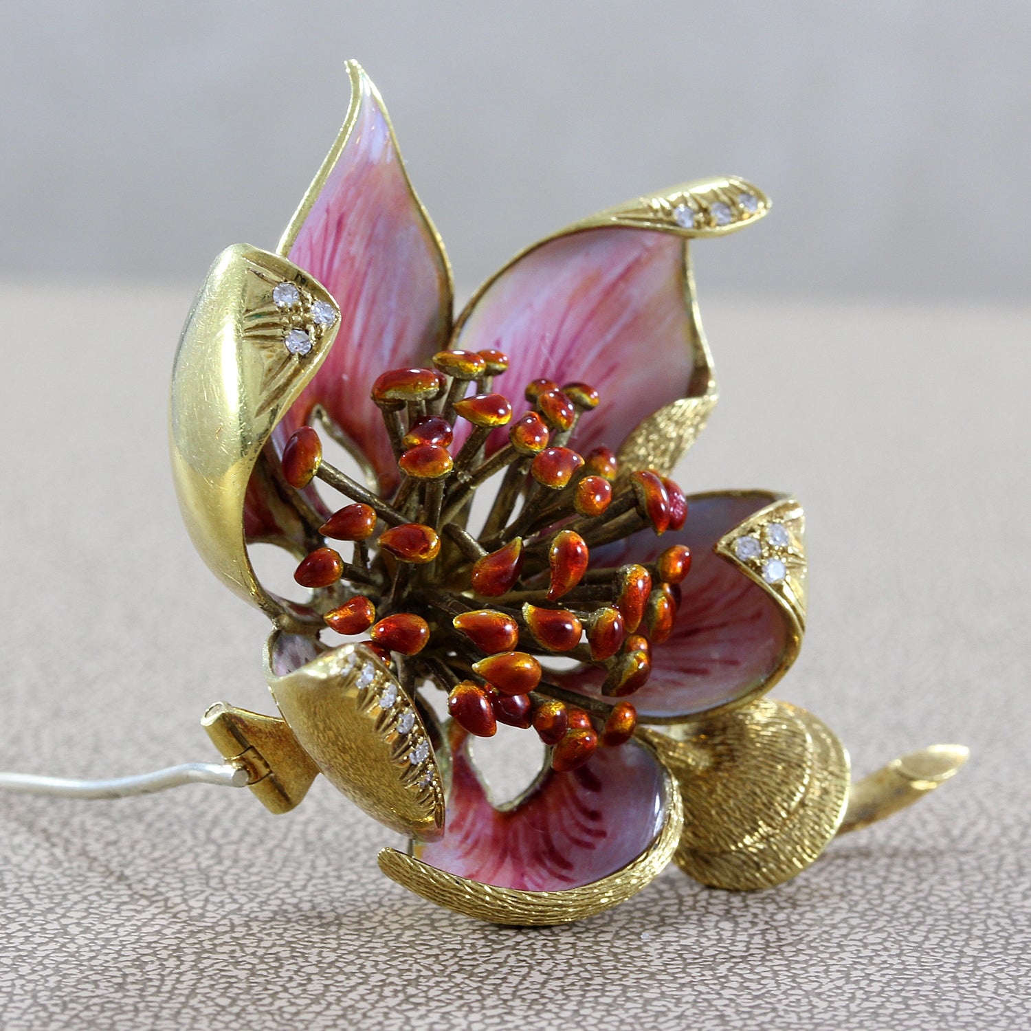 Italian Enamel Diamond Gold Flower Brooch