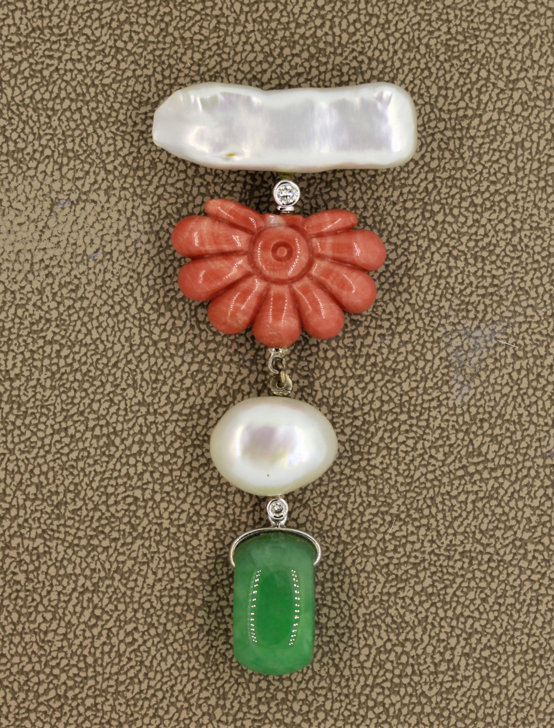 Coral Pearl Jadeite Jade Diamond Gold Drop Brooch