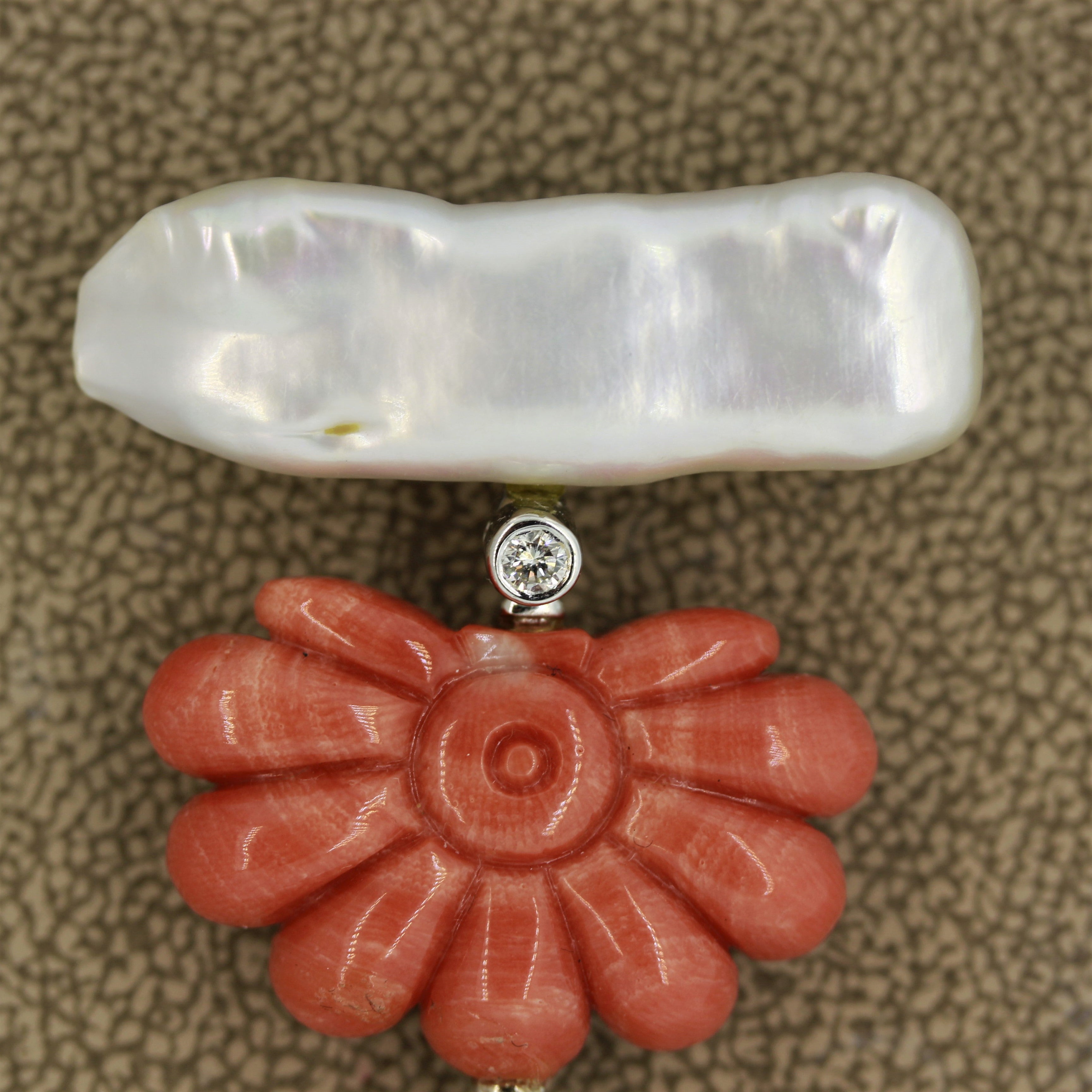 Coral Pearl Jadeite Jade Diamond Gold Drop Brooch