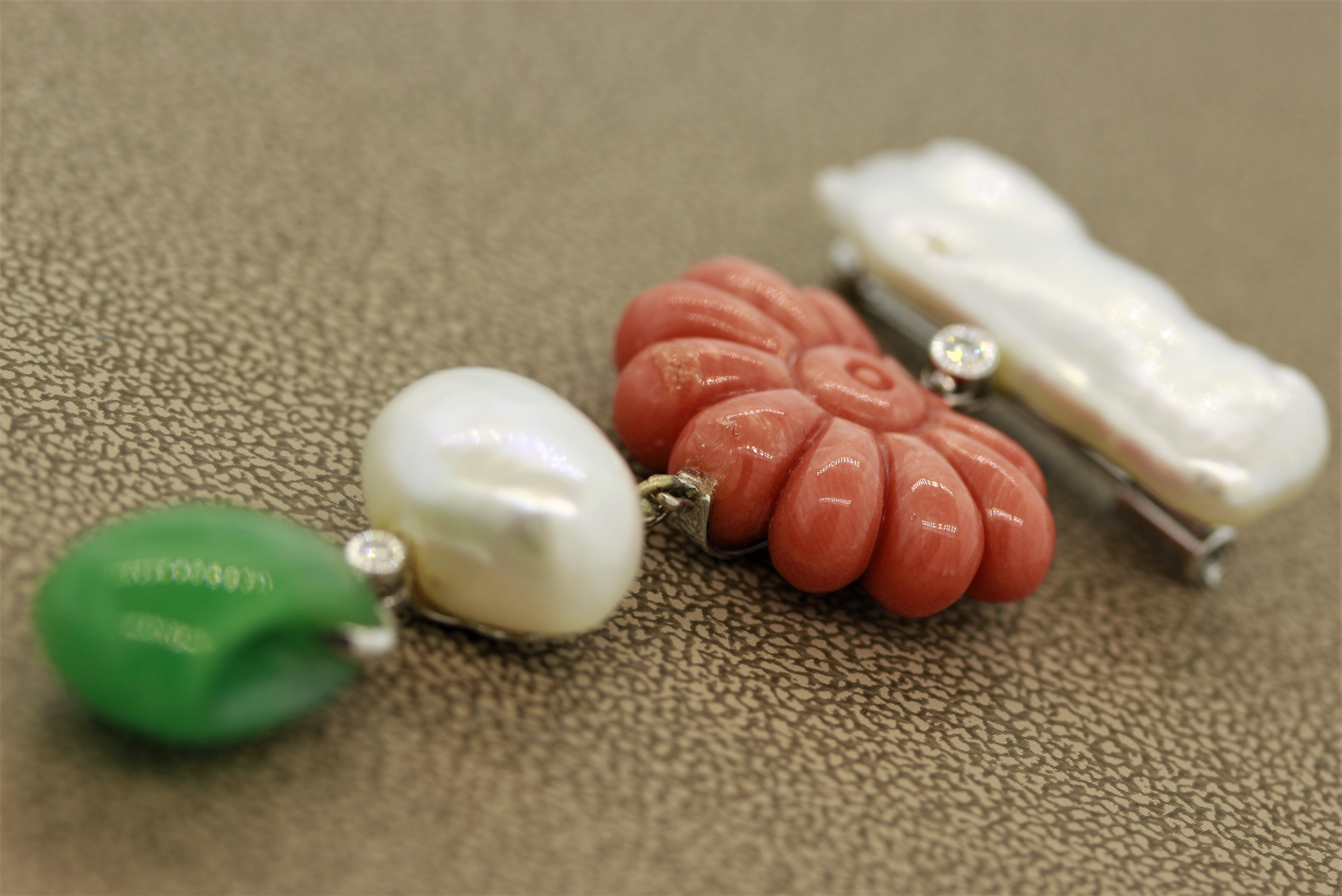 Coral Pearl Jadeite Jade Diamond Gold Drop Brooch