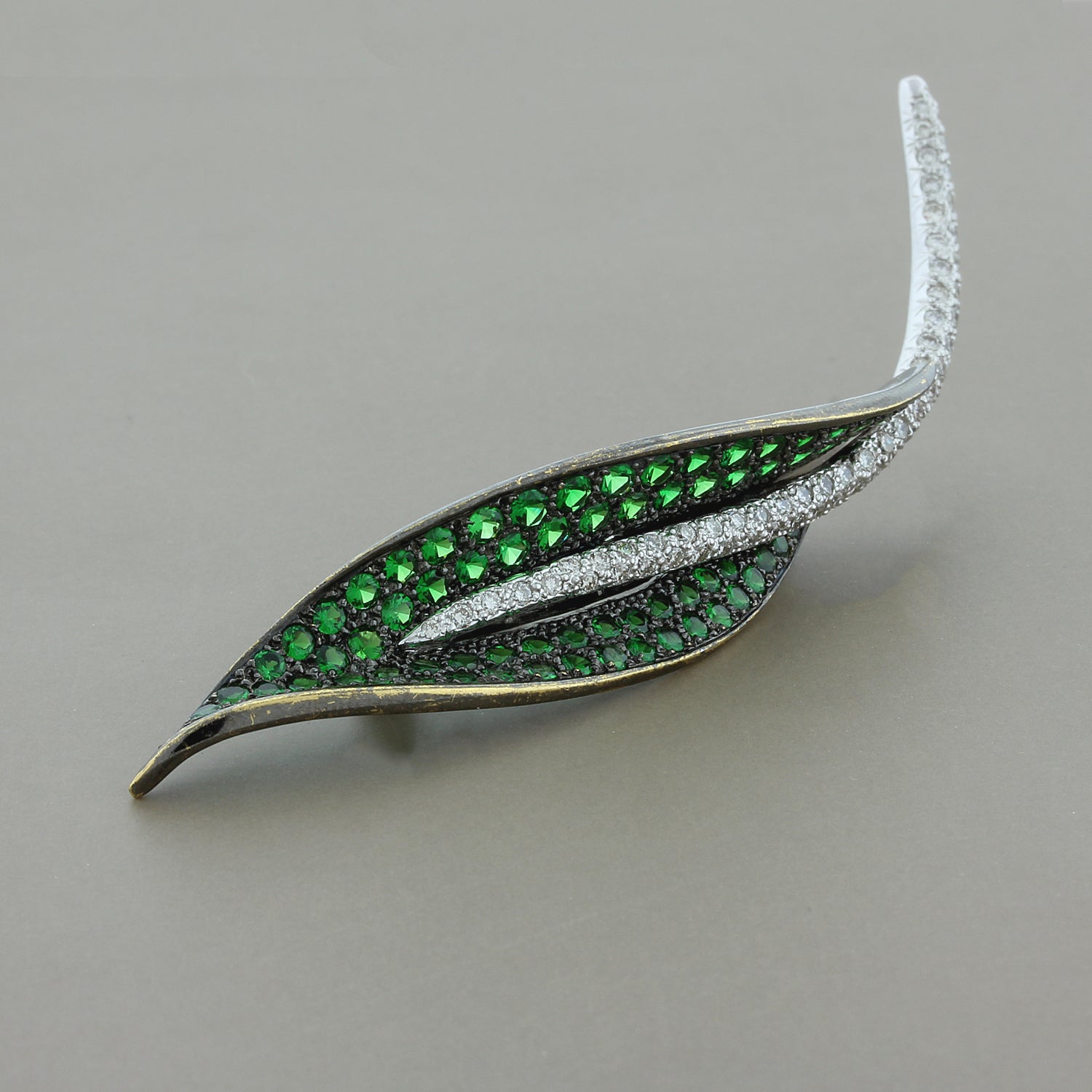 Estate Tsavorite Diamond Gold Leaf Brooch