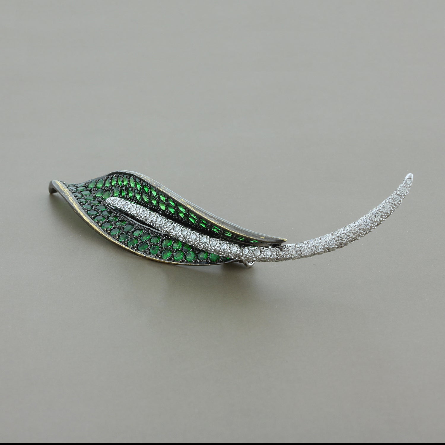 Estate Tsavorite Diamond Gold Leaf Brooch