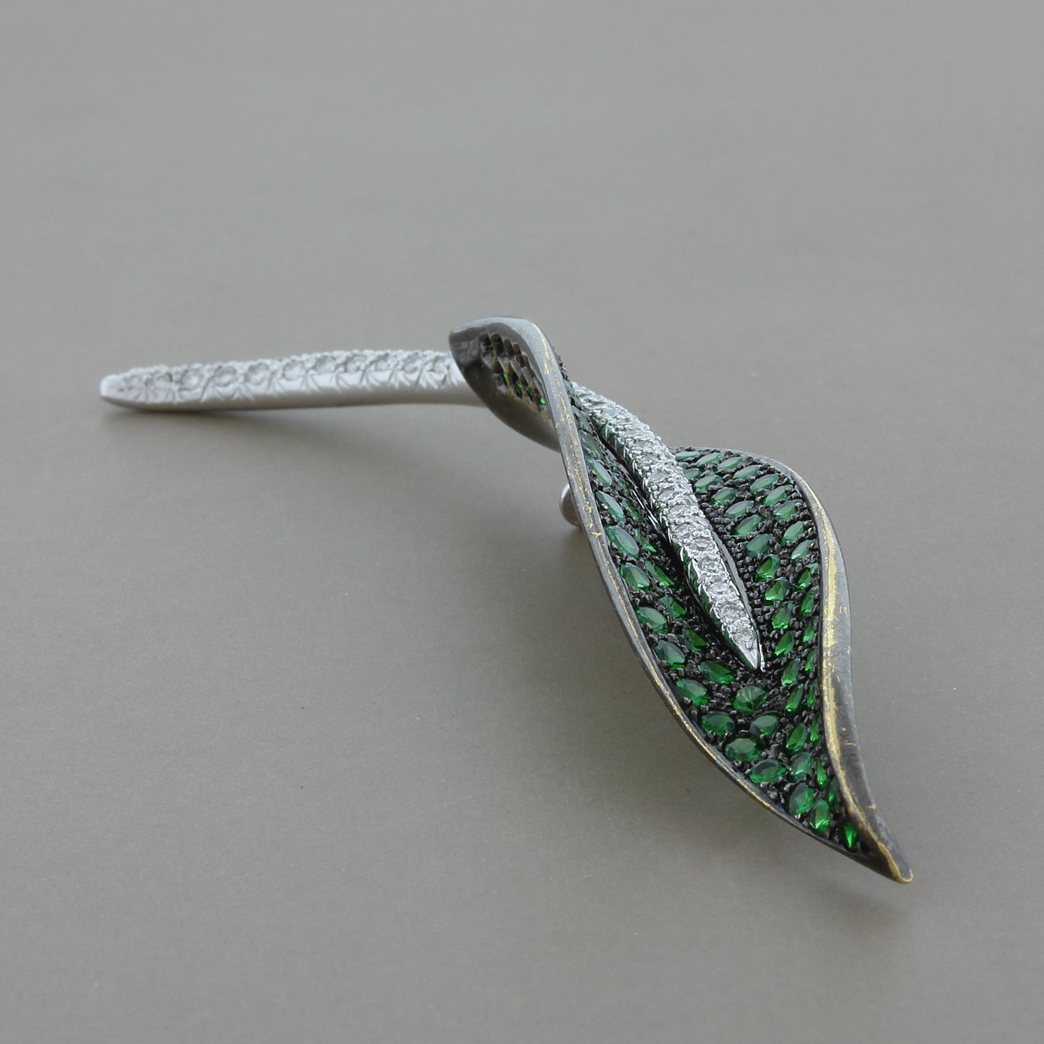 Estate Tsavorite Diamond Gold Leaf Brooch