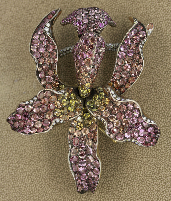 Zadora Padparadscha Sapphire Diamond Gold Orchid Brooch