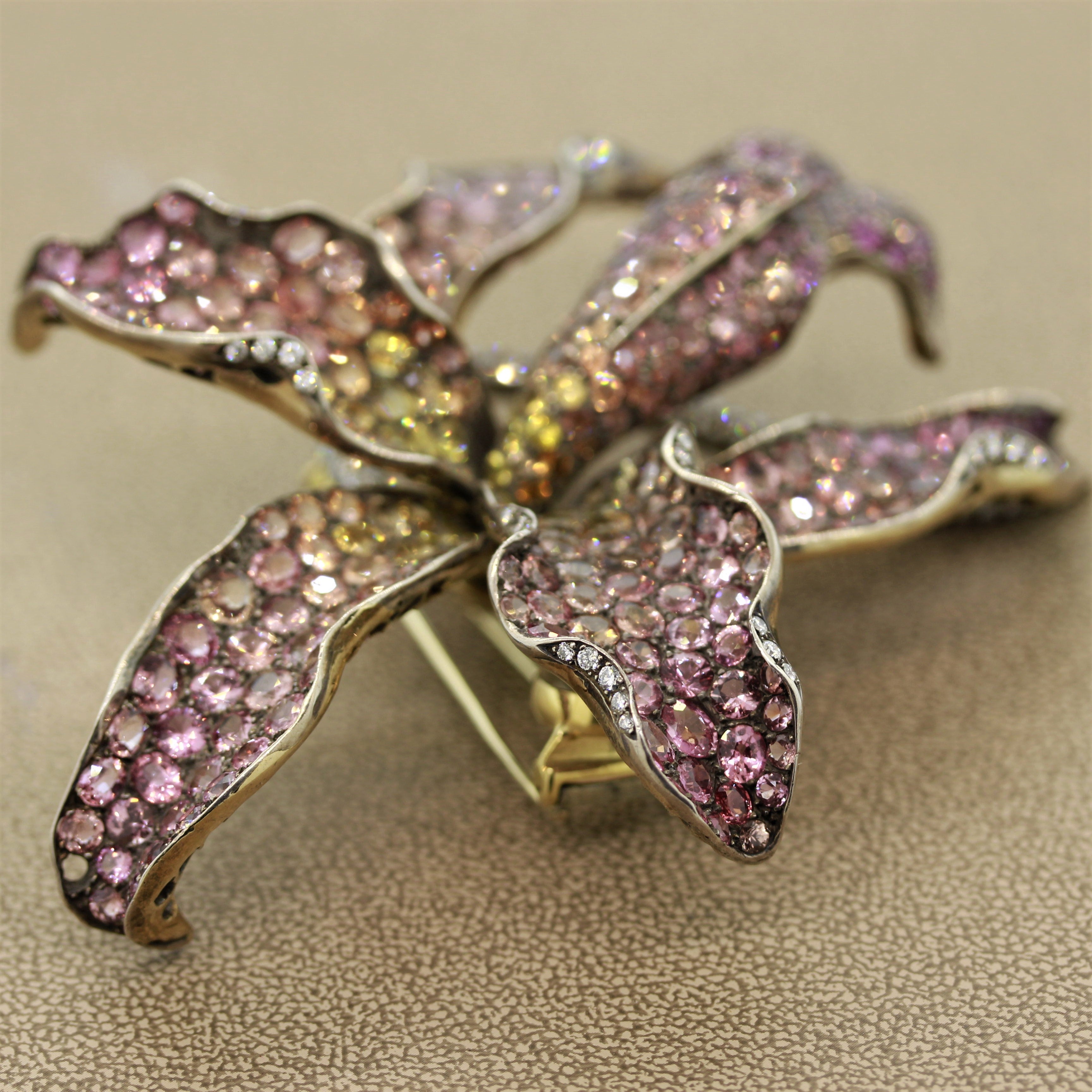 Zadora Padparadscha Sapphire Diamond Gold Orchid Brooch