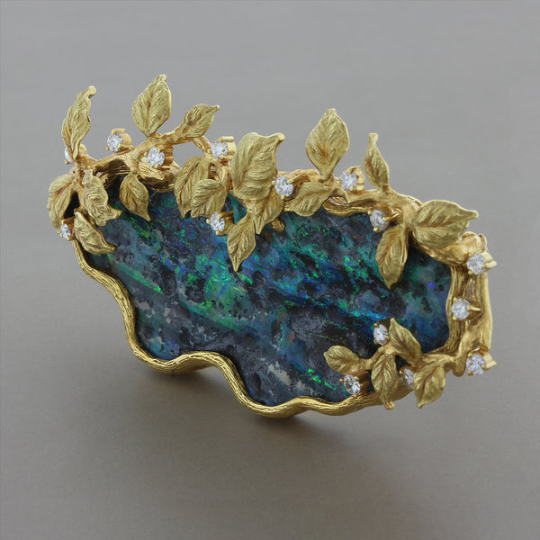 Estate Boulder Opal Diamond Gold Brooch or Pendant