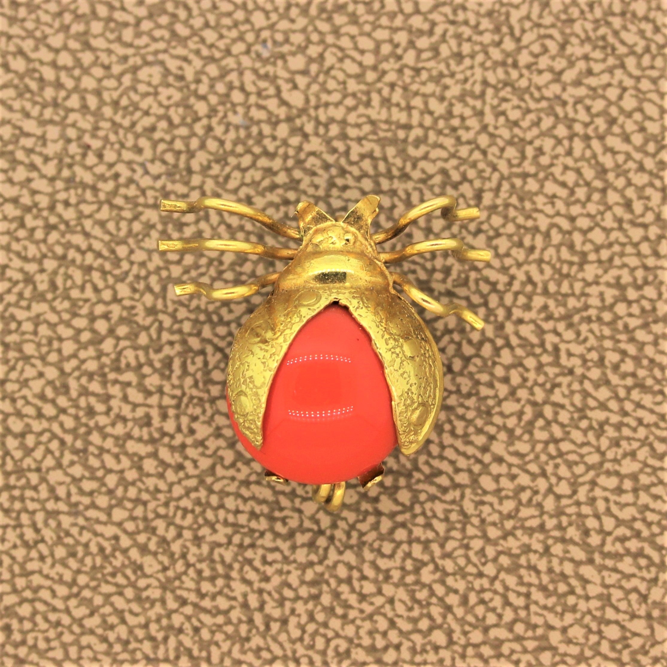 Vintage Coral Gold Ladybug Brooch Pendant