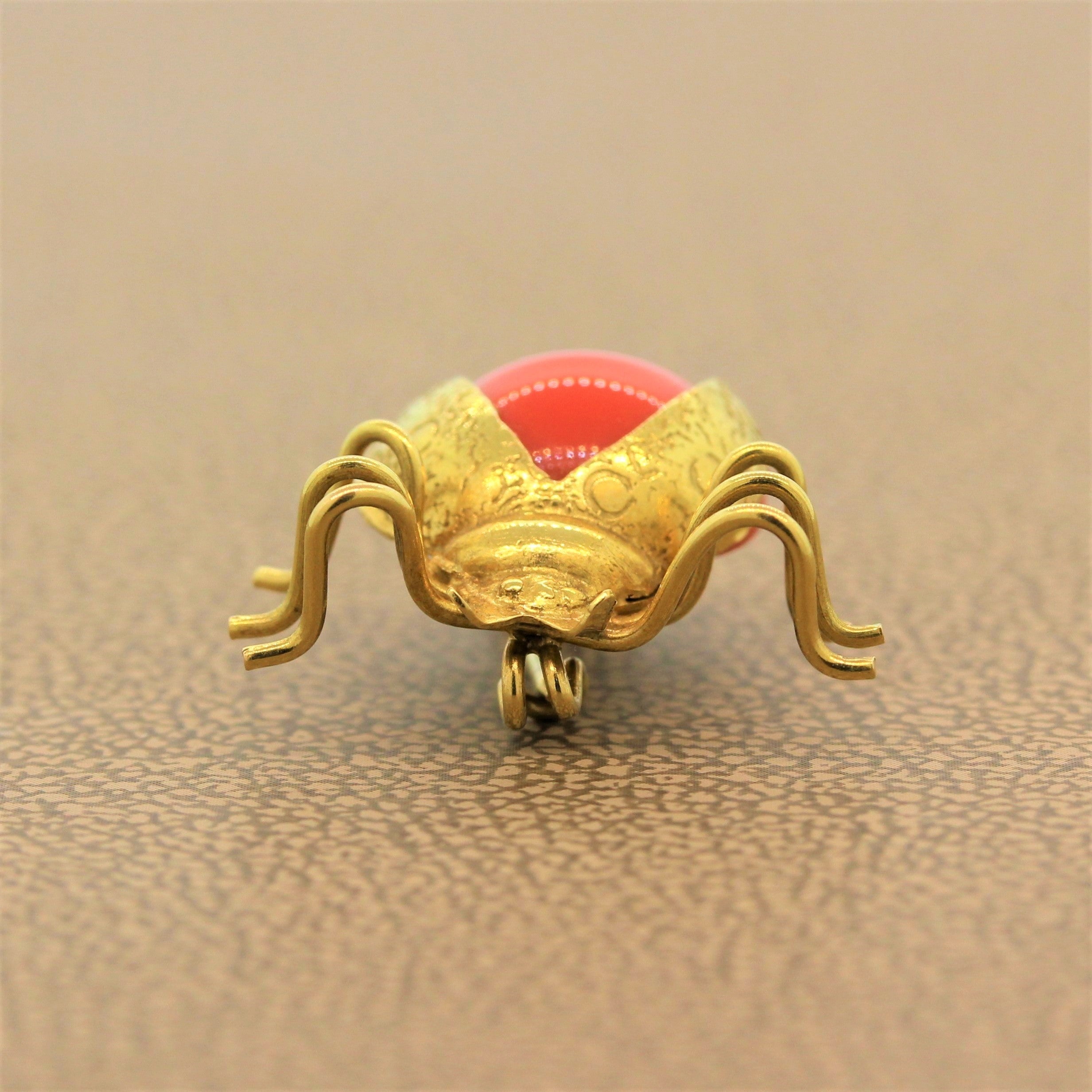 Vintage Coral Gold Ladybug Brooch Pendant