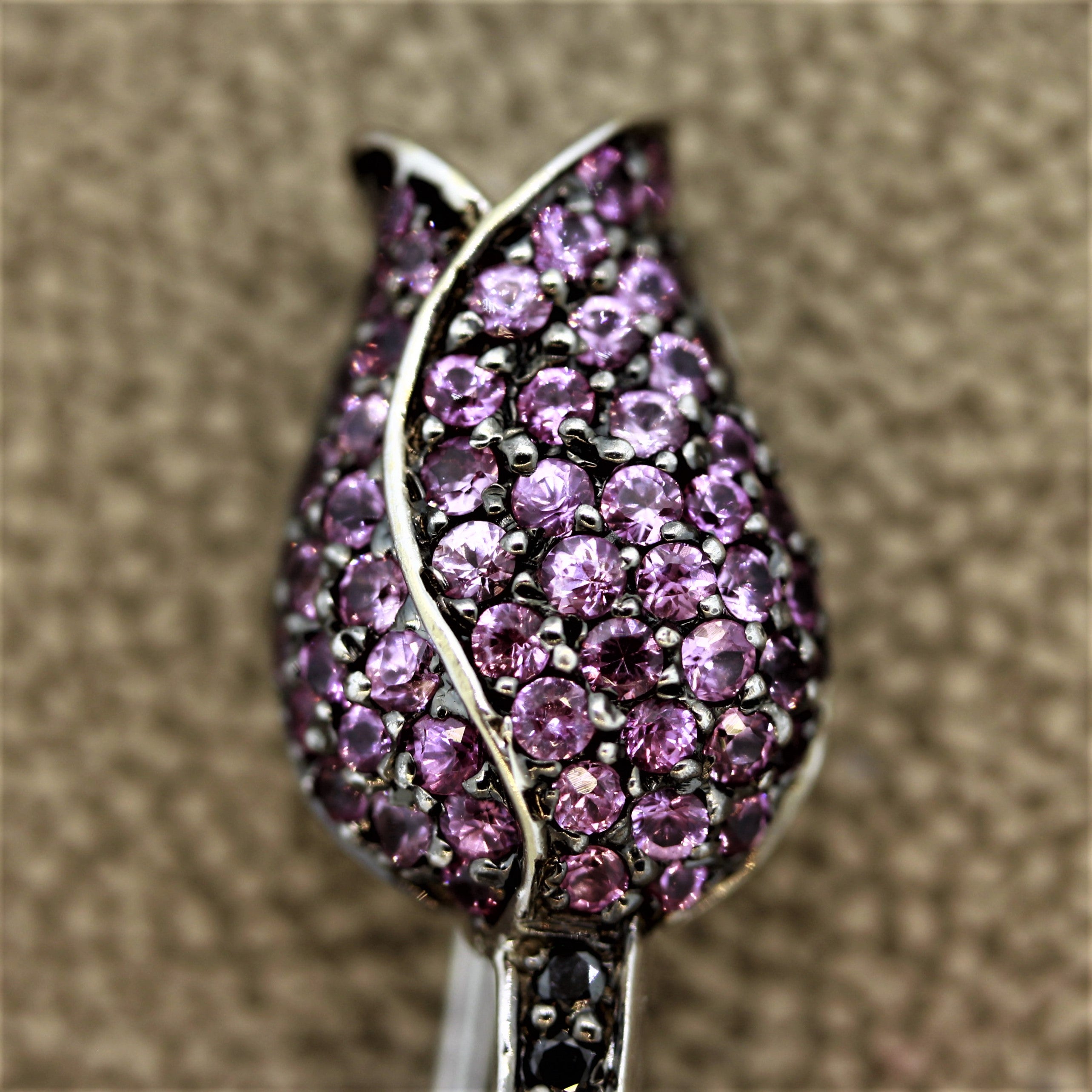 Pink Sapphire Black & White Diamond Gold Flower Pin Brooch