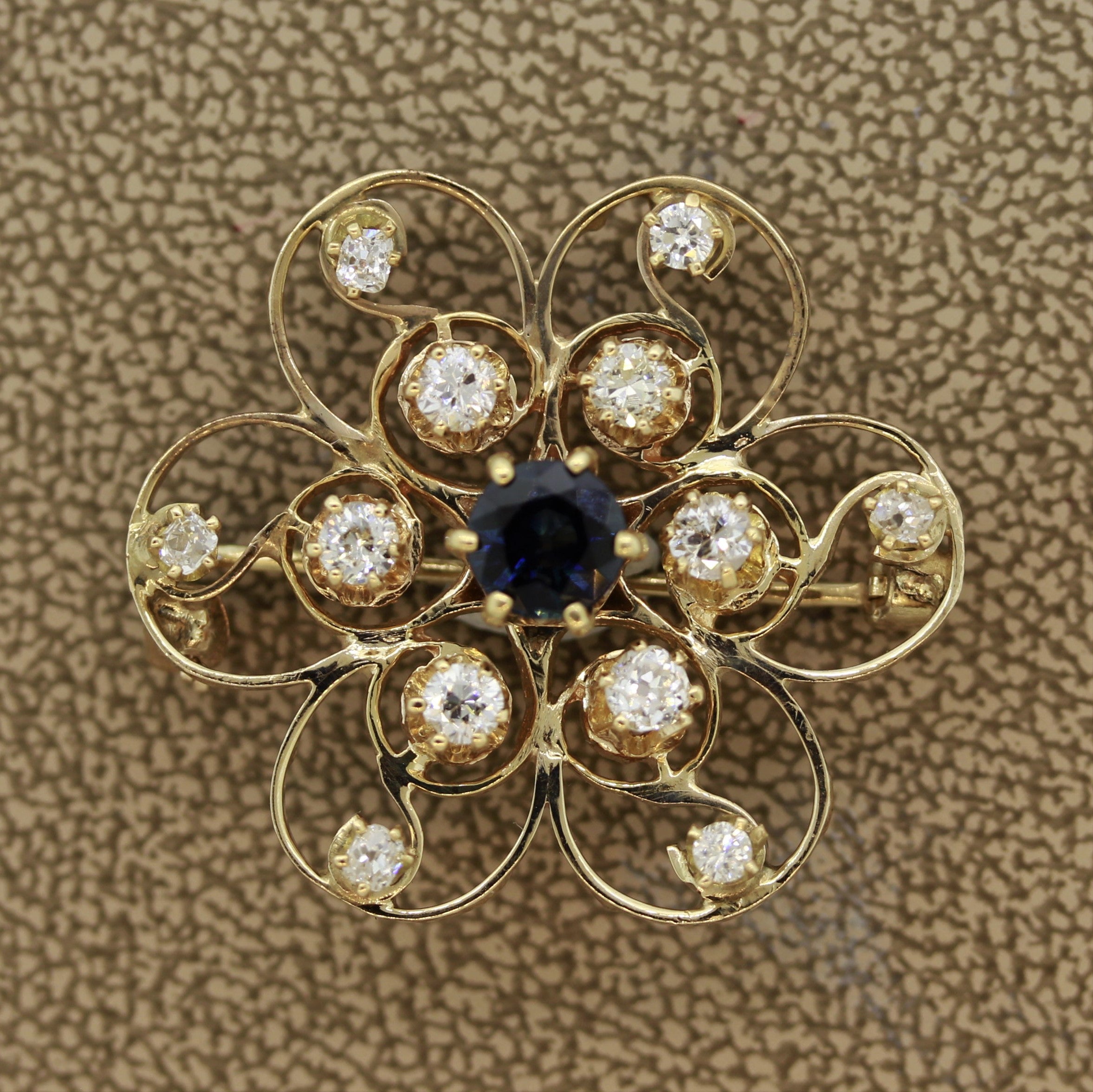 Sapphire Diamond Gold Flower Brooch 1.65CTW