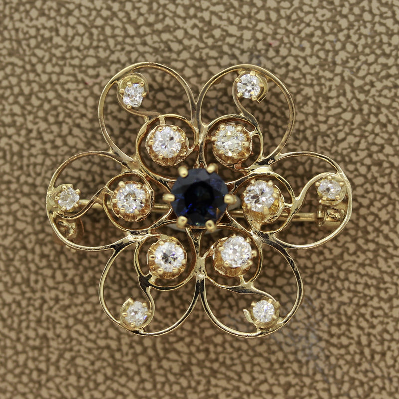 Sapphire Diamond Gold Flower Brooch 1.65CTW